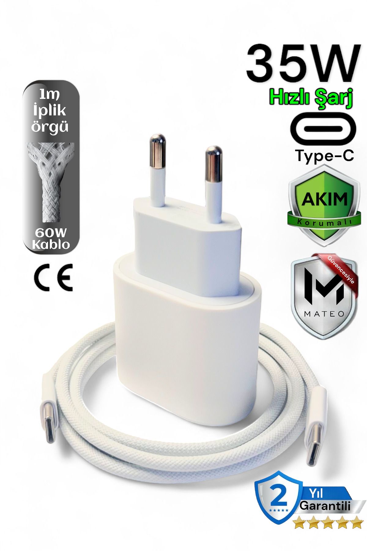 MATEO iphone Uyumlu Hızlı Şarj Aleti Kablo Adaptör Set Orijinal 15/15plus/15pro/pro max 35W Type C