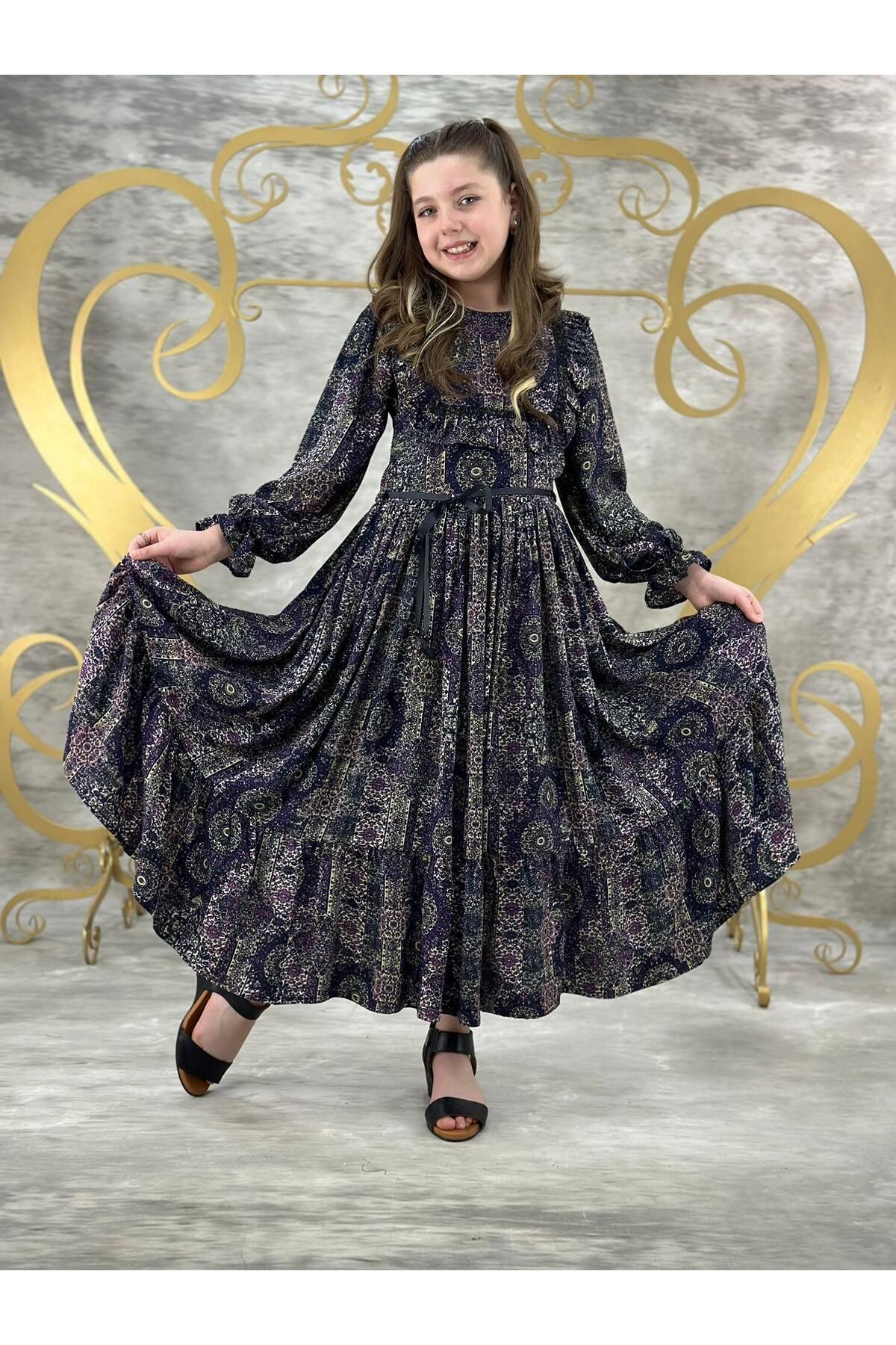 Pumpido Etnik Desen Günlük Pamuklu Viskon Kız Çocuk Elbise