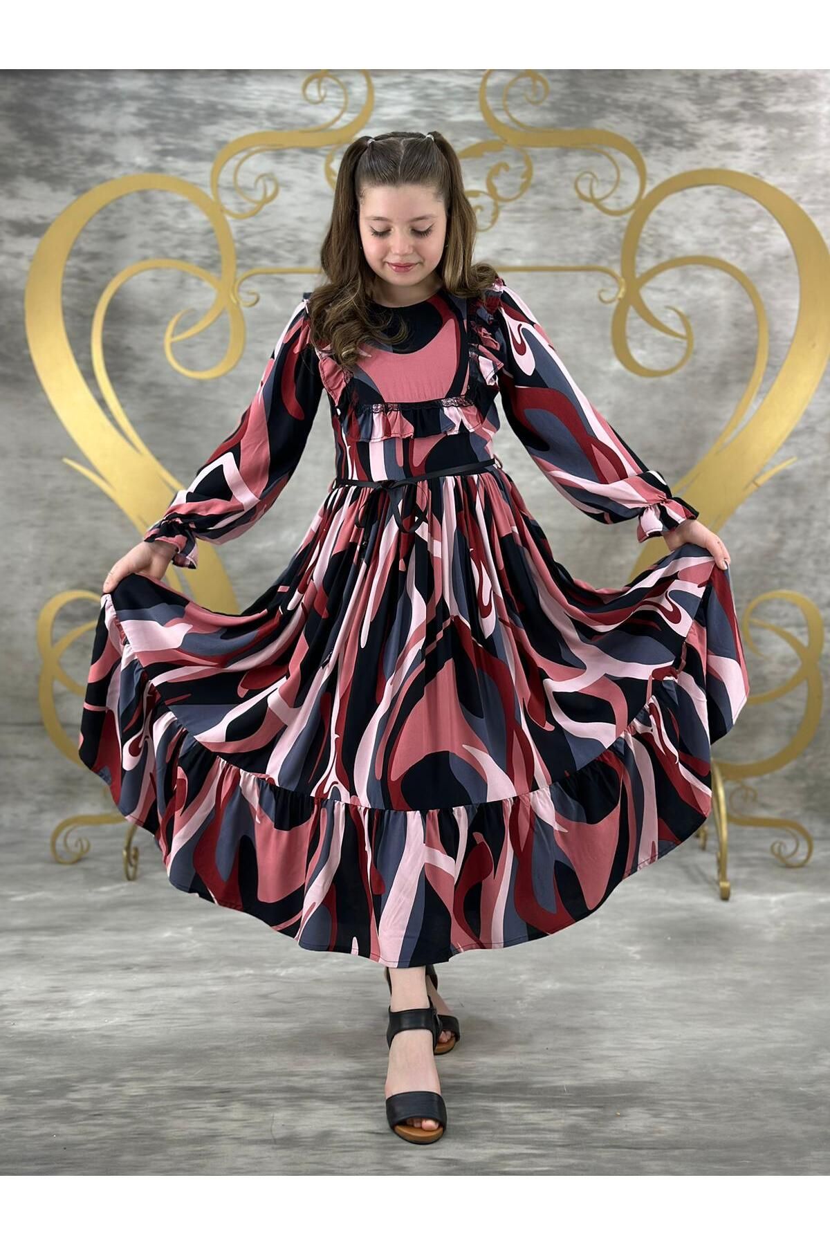 Pumpido Etnik Desen Günlük Pamuklu Viskon  Kız Çocuk Elbise