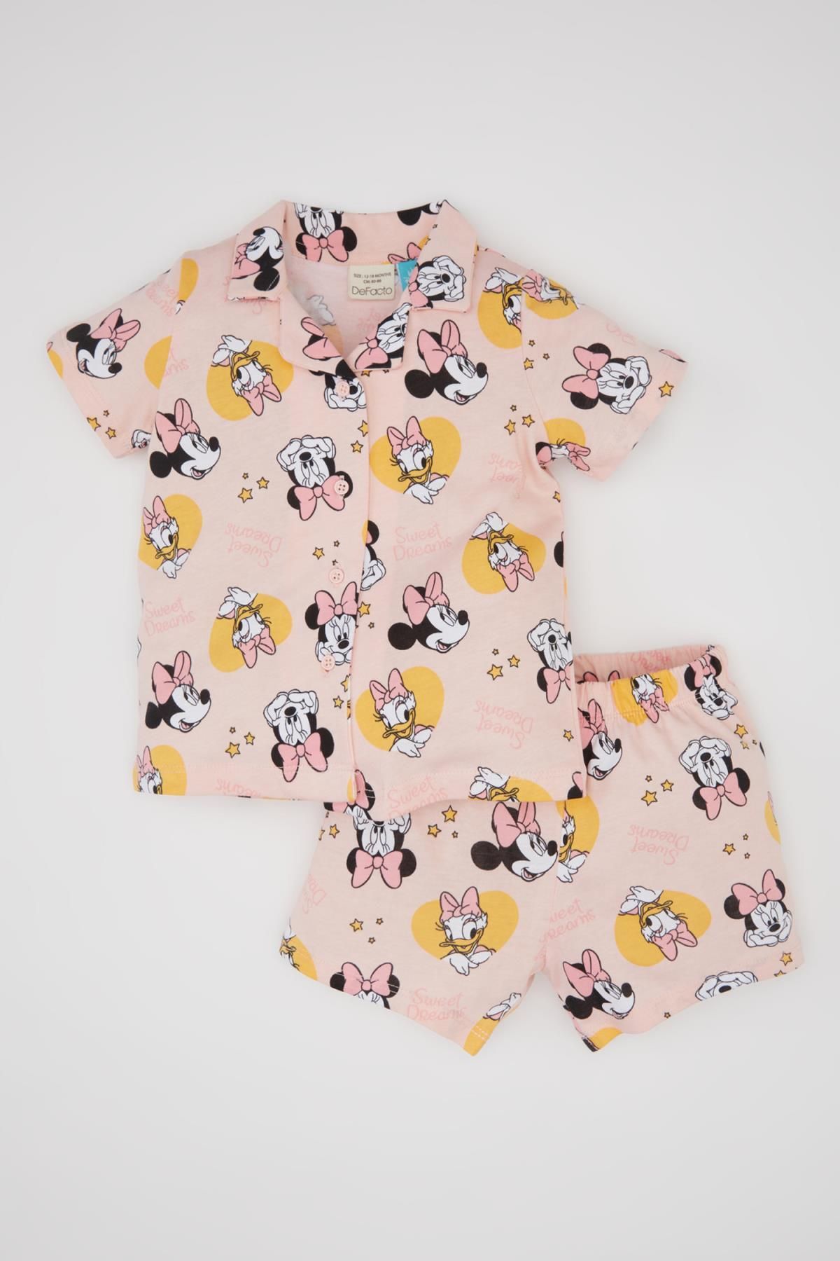 Defacto Kız Bebek Disney Mickey & Minnie Kısa Kollu Şortlu Penye Pijama Takımı C3479A524HS