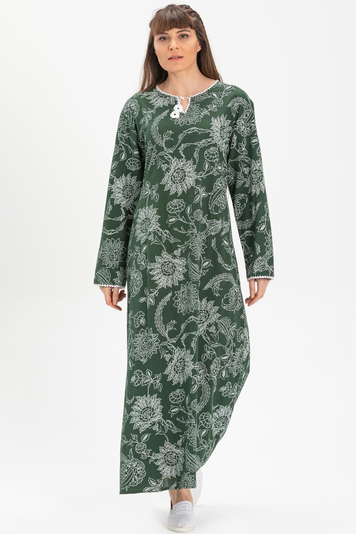 Eliş Şile Bezi Uzun Kol Büyük Beden Şile Bezi Baskılı Uzun Yazlık Elbise Çınar Desen Yeşil Ysl