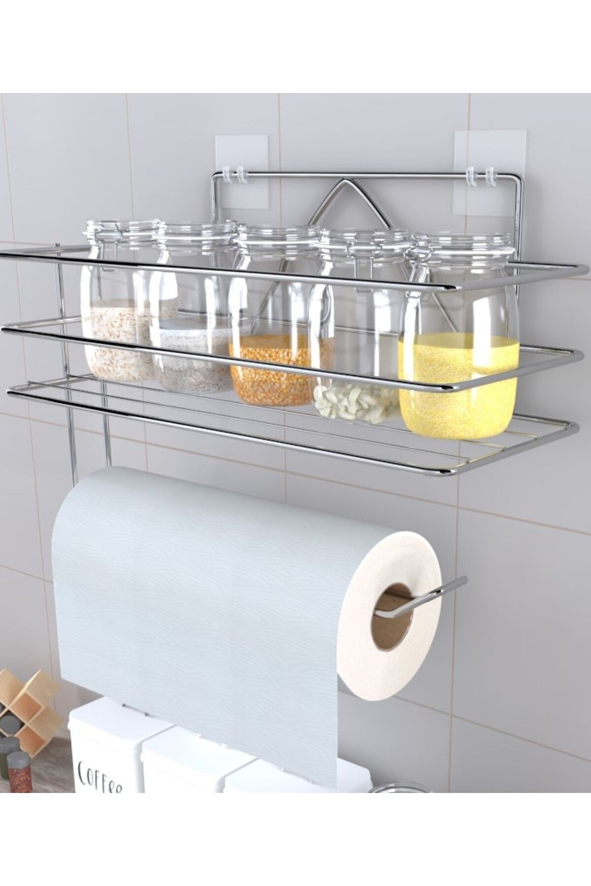 EVA METAL TASARIM Yapışkanlı Raflı Kağıt Rulo Havluluk Peçetelik Havlu Kağıtlık Banyo Mutfak Düzenleyici Krom
