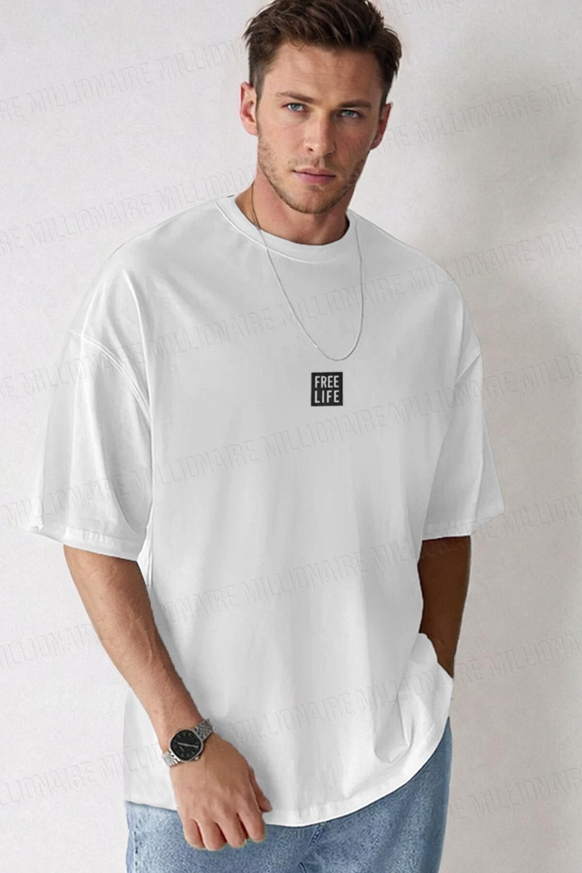 Teenage Millionaire Erkek Free Life Beyaz Bisiklet Yaka Oversize Salas T-Shirt