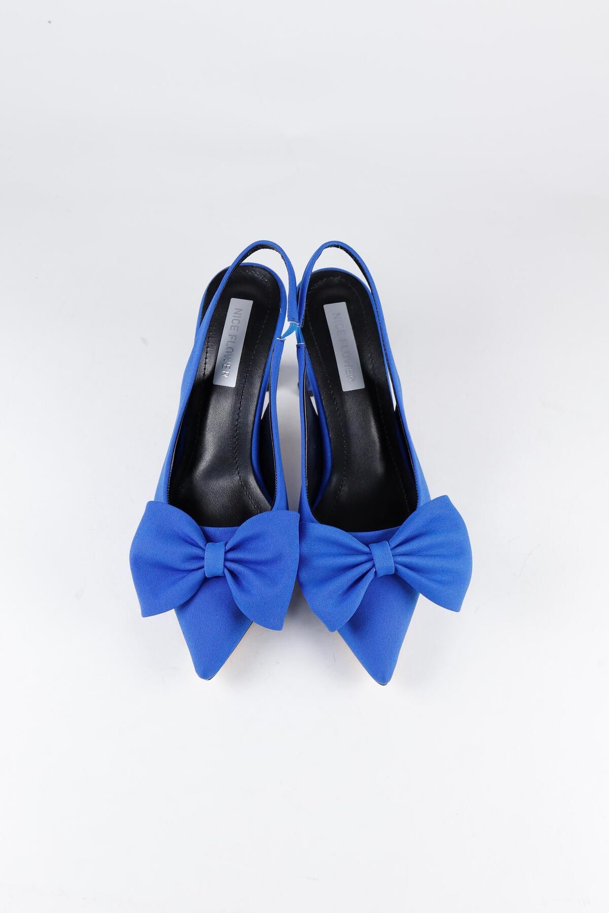 NiceDiffer Kadın Fiyonk  Detaylı Mavi Saten  Topuklu Ayakkabı