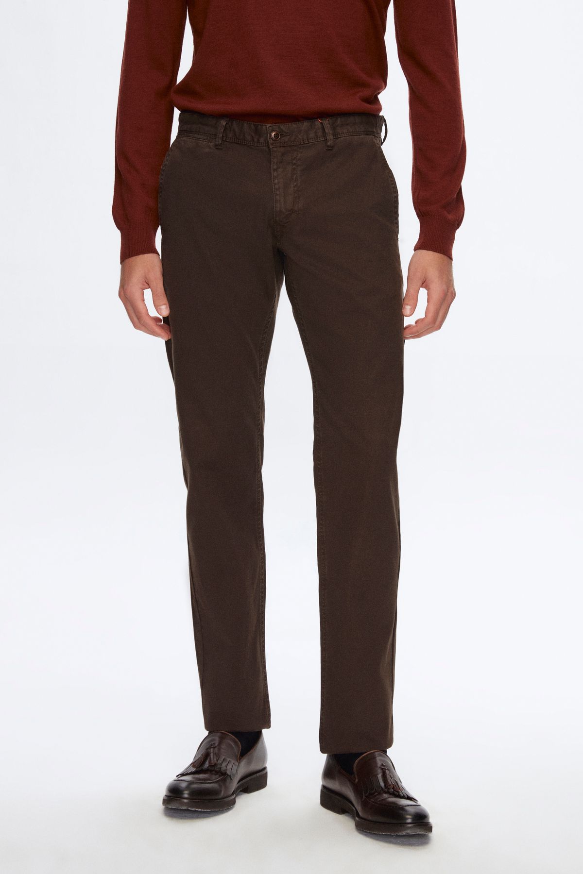 Damat Regular Fit Kahverengi Düz Pamuklu Likralı Chino Pantolon