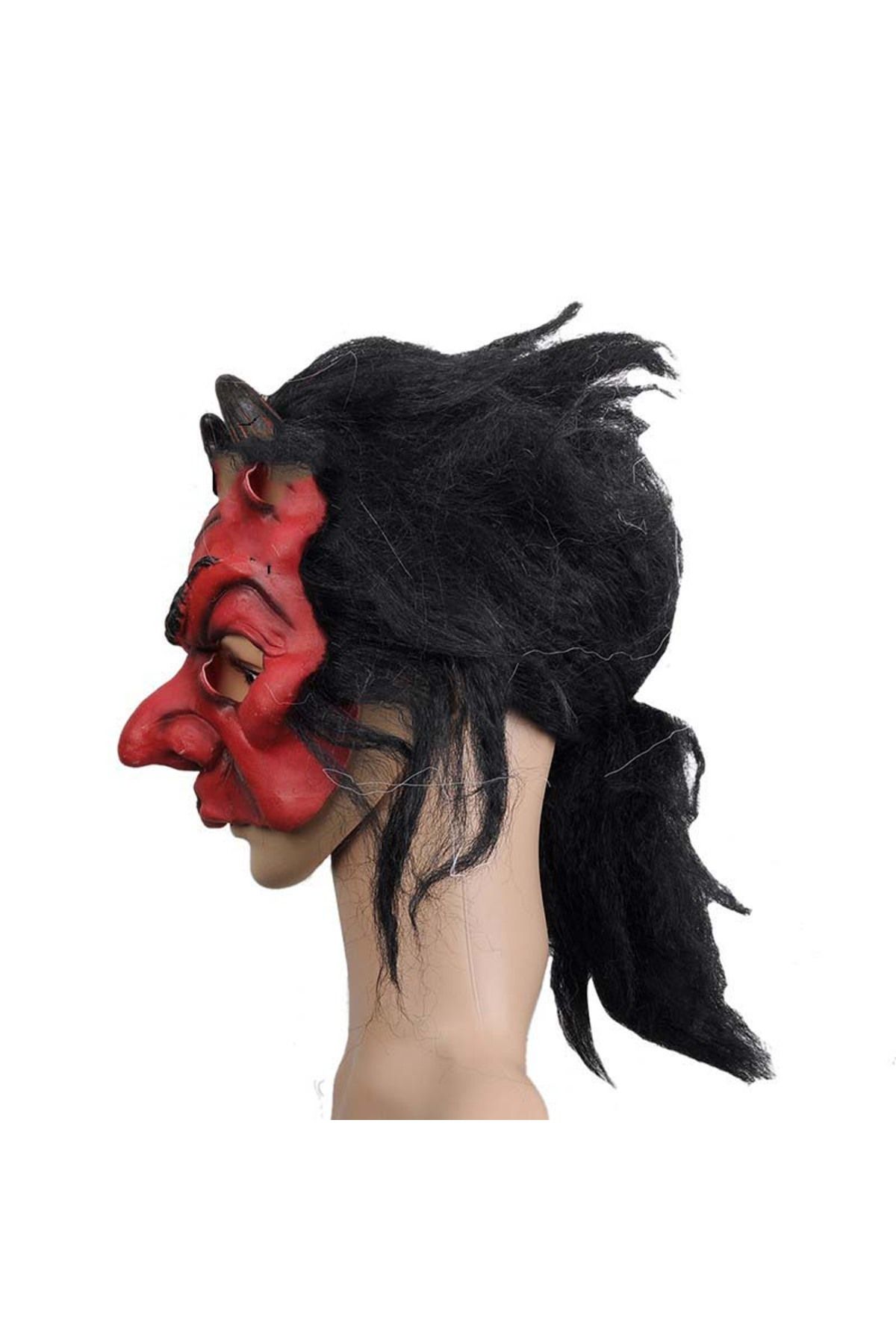YKLIB Nessiworld Lateks Korku Maskesi Şeytan Boynuzlu Kırmızı Maske Saçlı