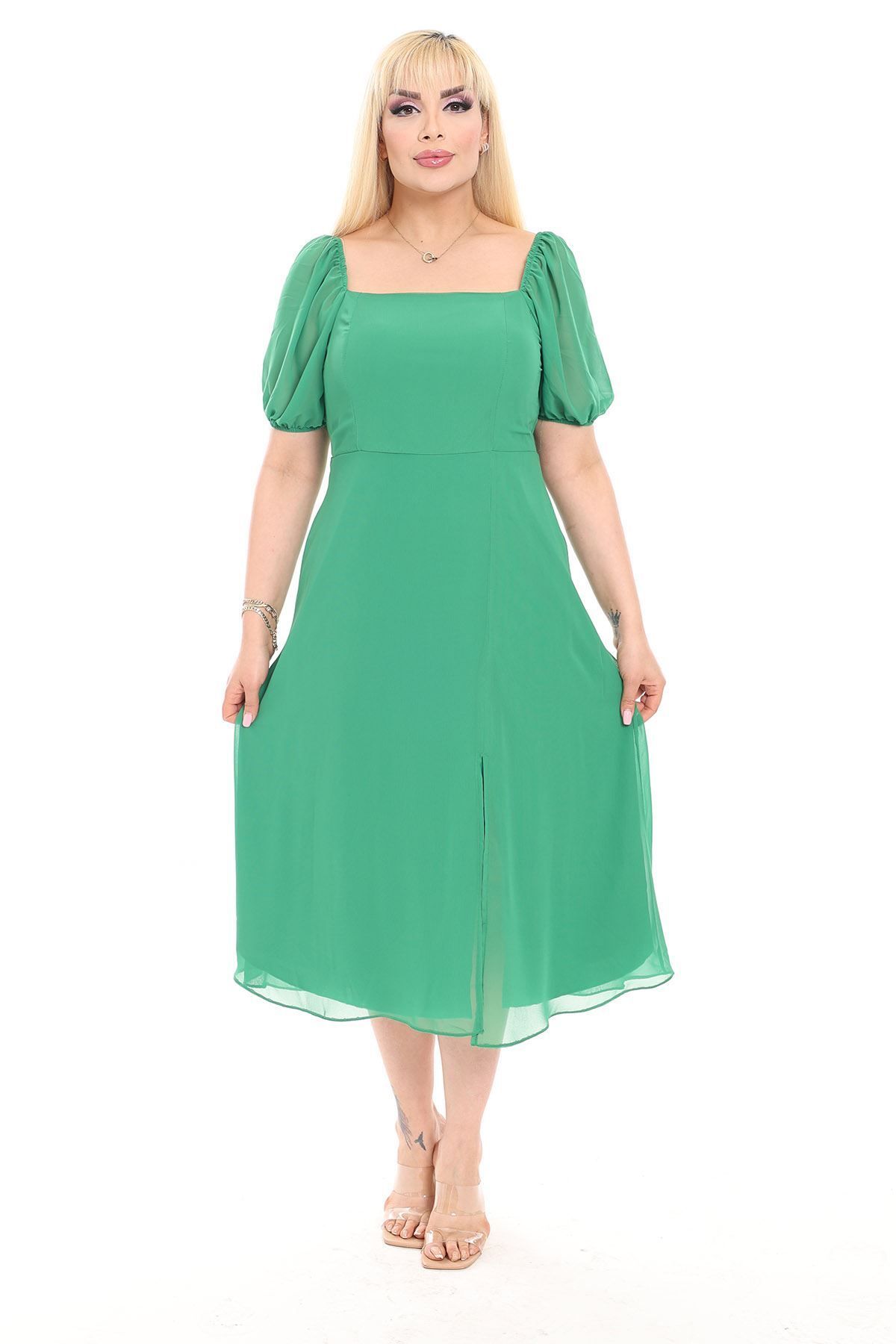 sharin Kadın Büyük Beden Yeşil Şifon Yırtmaçlı Yazlık Elbise 8D-2152