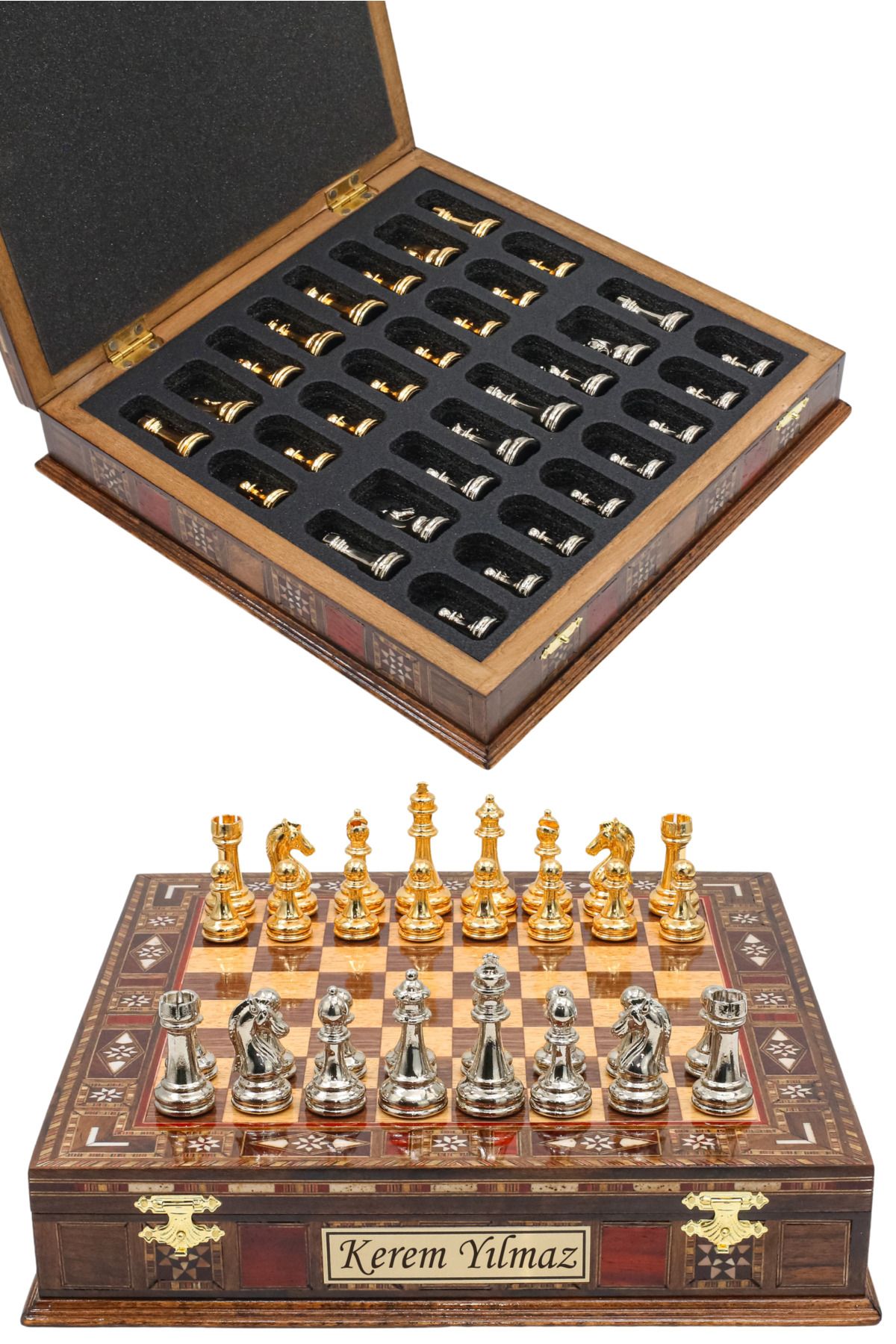 Cooper Chess Premium 30cm Masif Ahşap Ceviz Kutulu Metal Satranç Takımı  Altın Gümüş Staunton Klasik Satranç