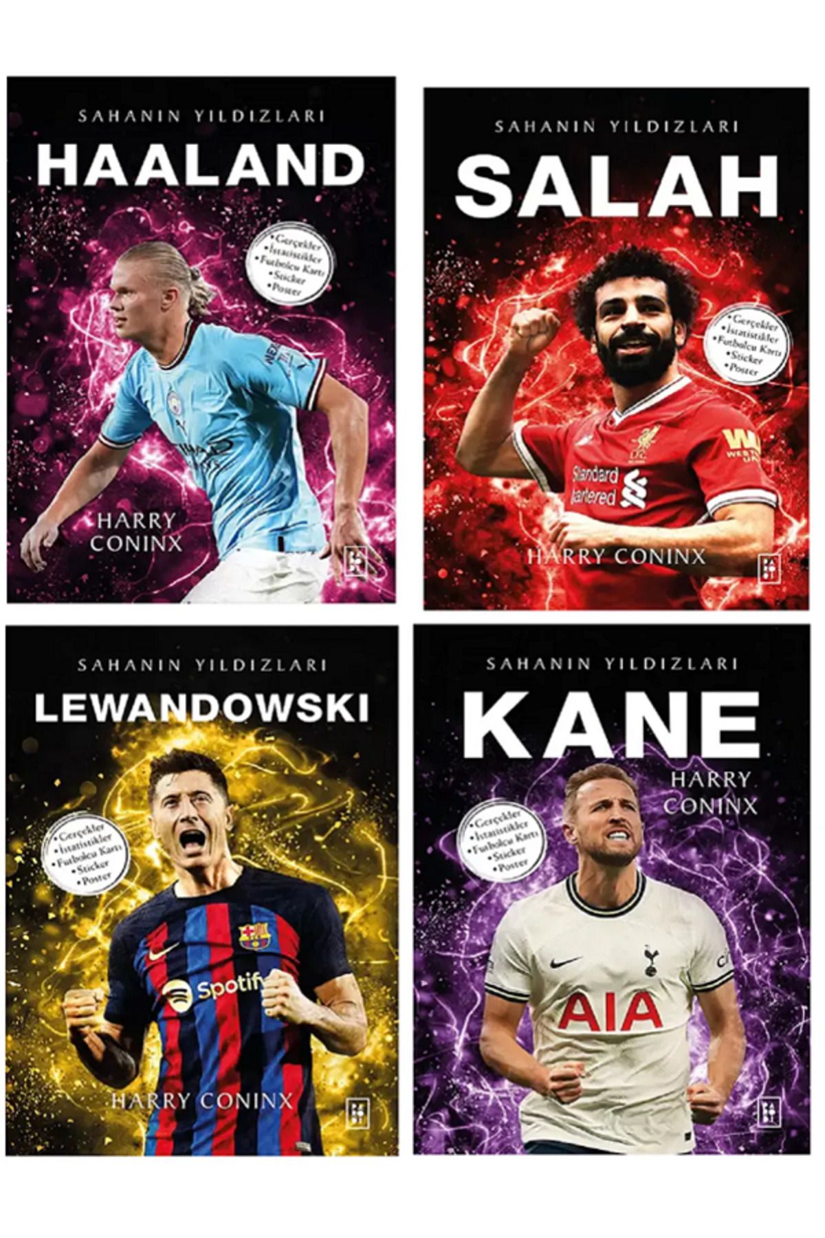 Dokuz Yayınları Sahanın Yıldızları HAALAND SALAH LEWANDOWSKİ KANE (Poster Sticker Futbolcu Kartı HEDİYE) 4 KİTAP