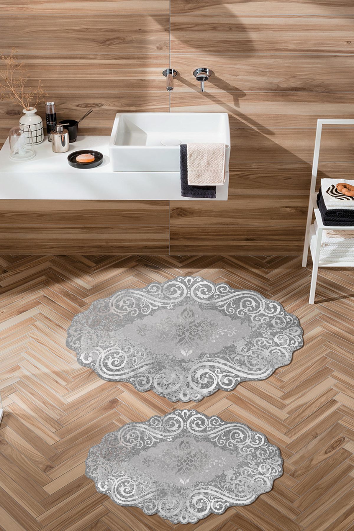 Homefesto Özel Tasarım, Kaymaz Taban, İnce, Yıkanabilir, Modern Banyo Paspas Takımı - 60x100 cm & 40x60 cm
