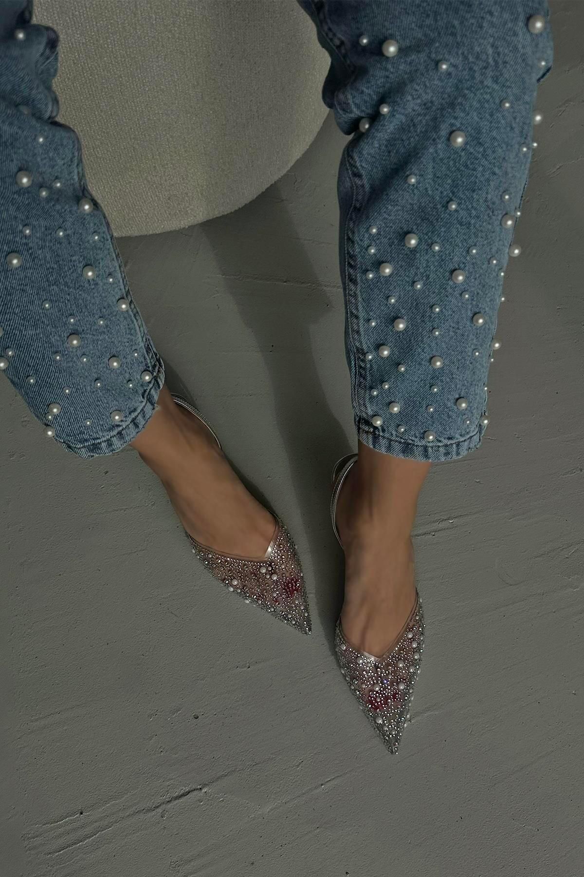 Straswans Jessica Kadın Taş Detay Şeffaf Topuklu  Ayakkabı Gümüş