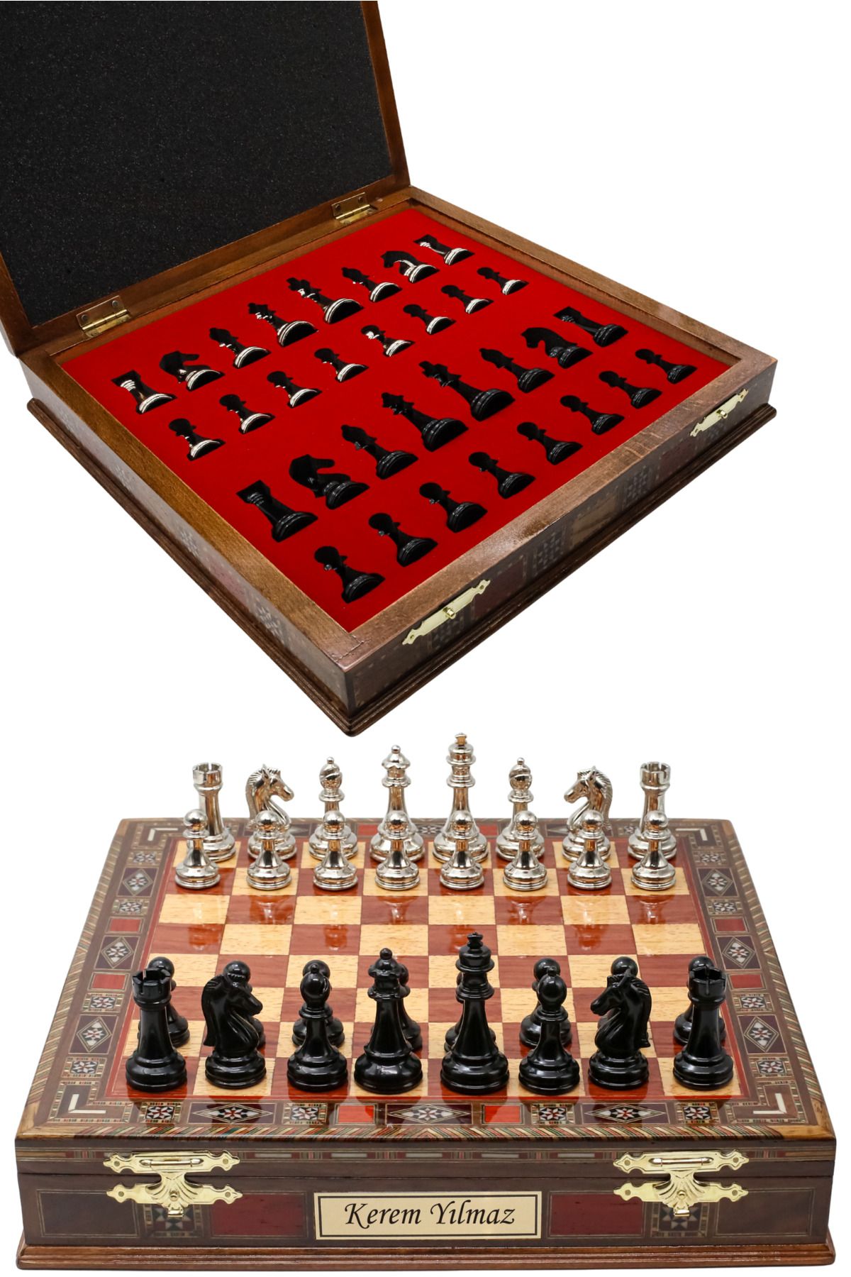 Cooper Chess Premium 36cm Büyük Masif Ahşap Ceviz Kutulu Metal Satranç Takımı Gümüş Siyah Staunton Klasik Satranç