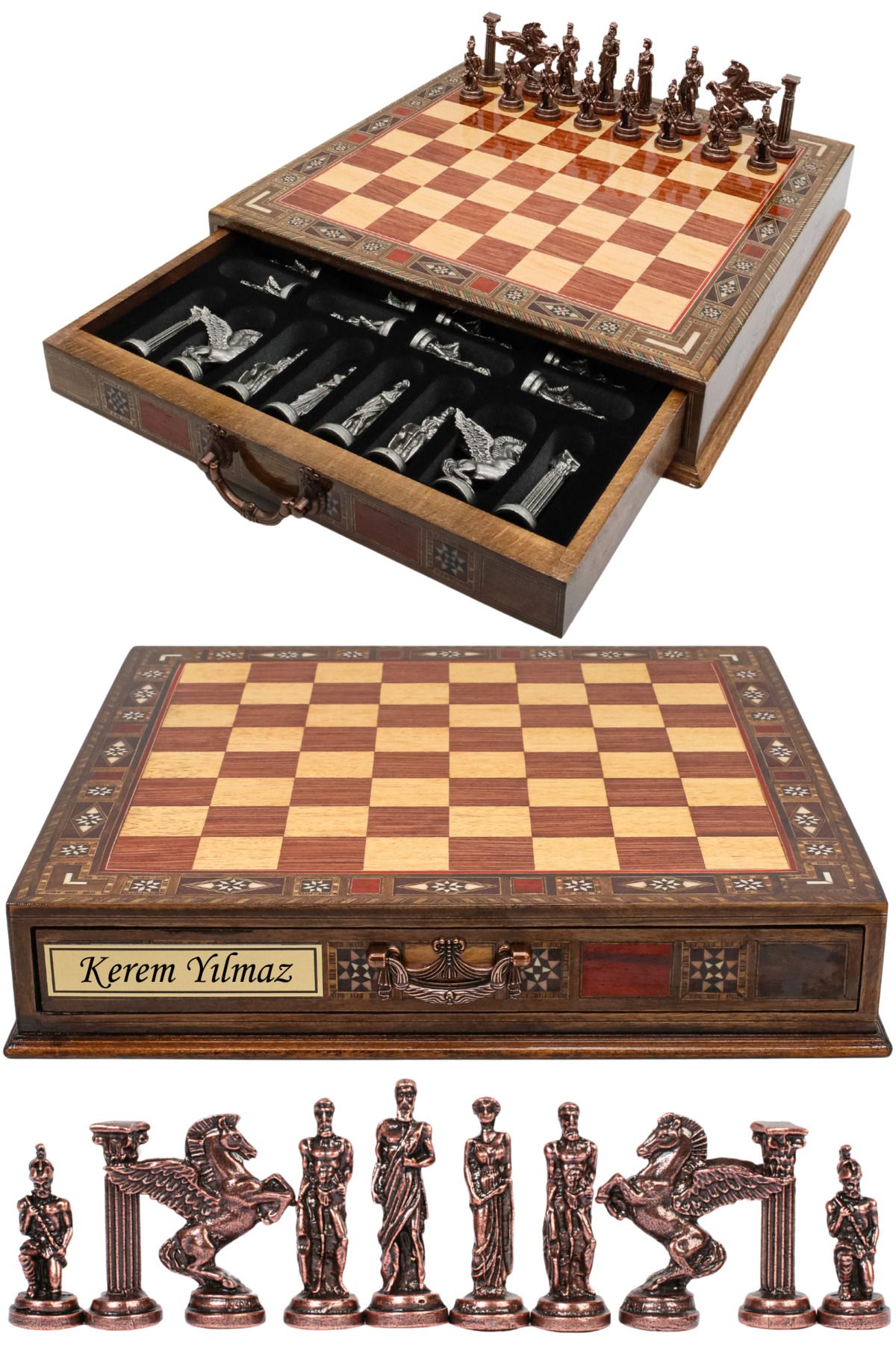 Cooper Chess Premium Büyük 38cm Çekmeceli Ahşap Kutulu Metal Satranç Takımı Bronz Yunan Mitolojik Pegasus Satranç