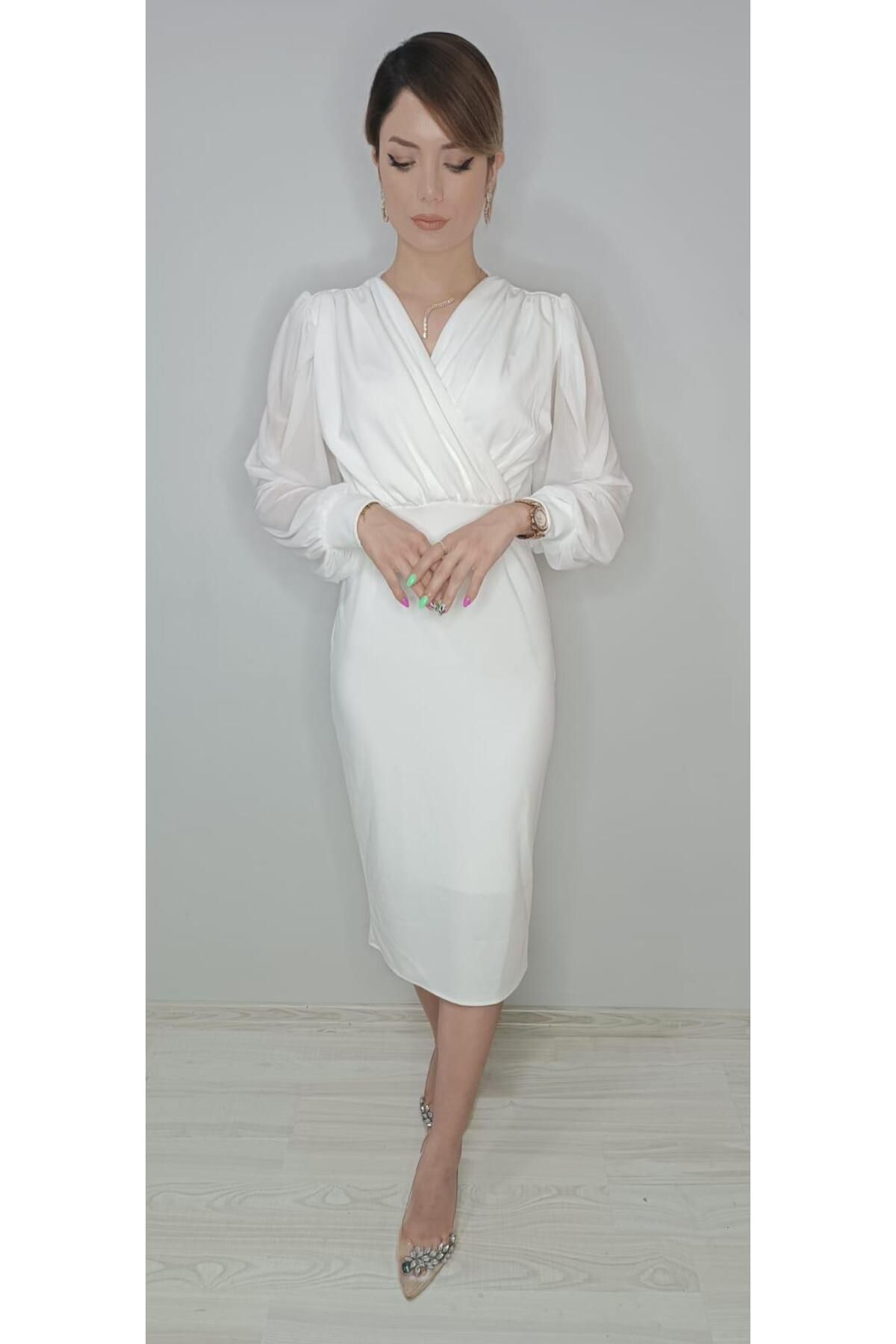 Nova ABİYENOVA krep kumaş koları tül kalem elbise
