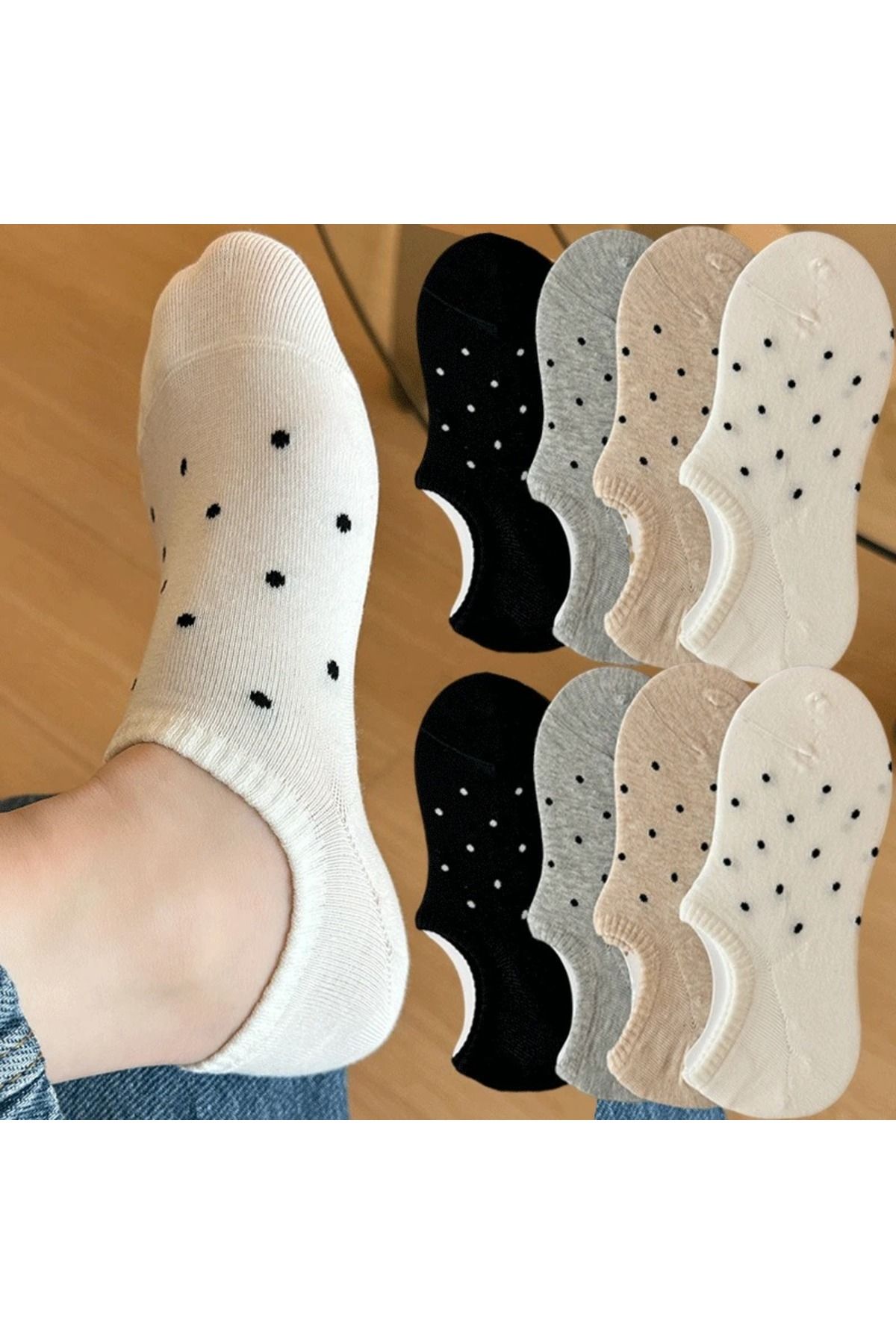 çorapmanya 8 Çift Benekli Kadın Çok Renkli Görünmez Sneaker Çorap