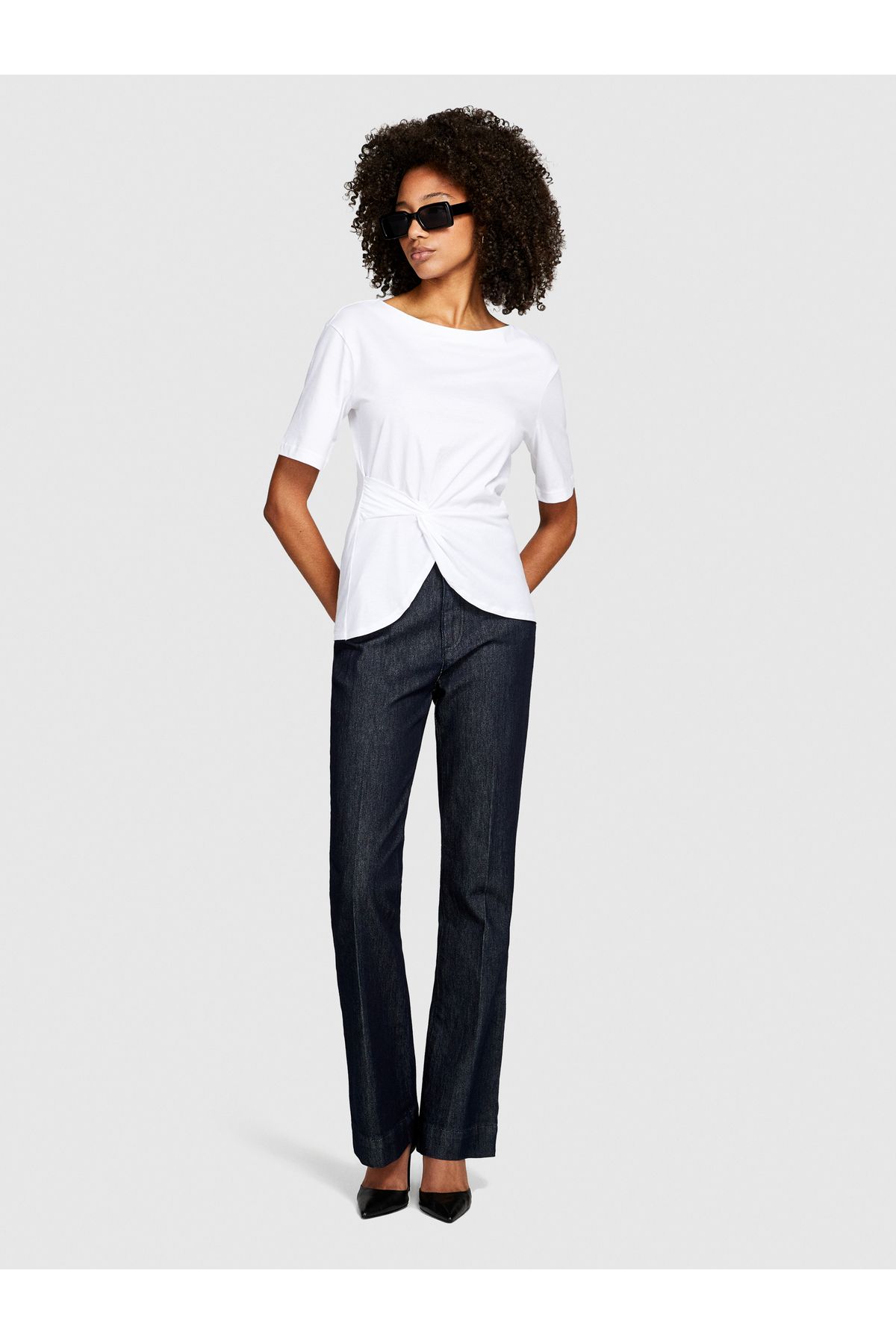 Sisley Kadın Beyaz %100 Koton Slim Fit Büzgülü T-Shirt