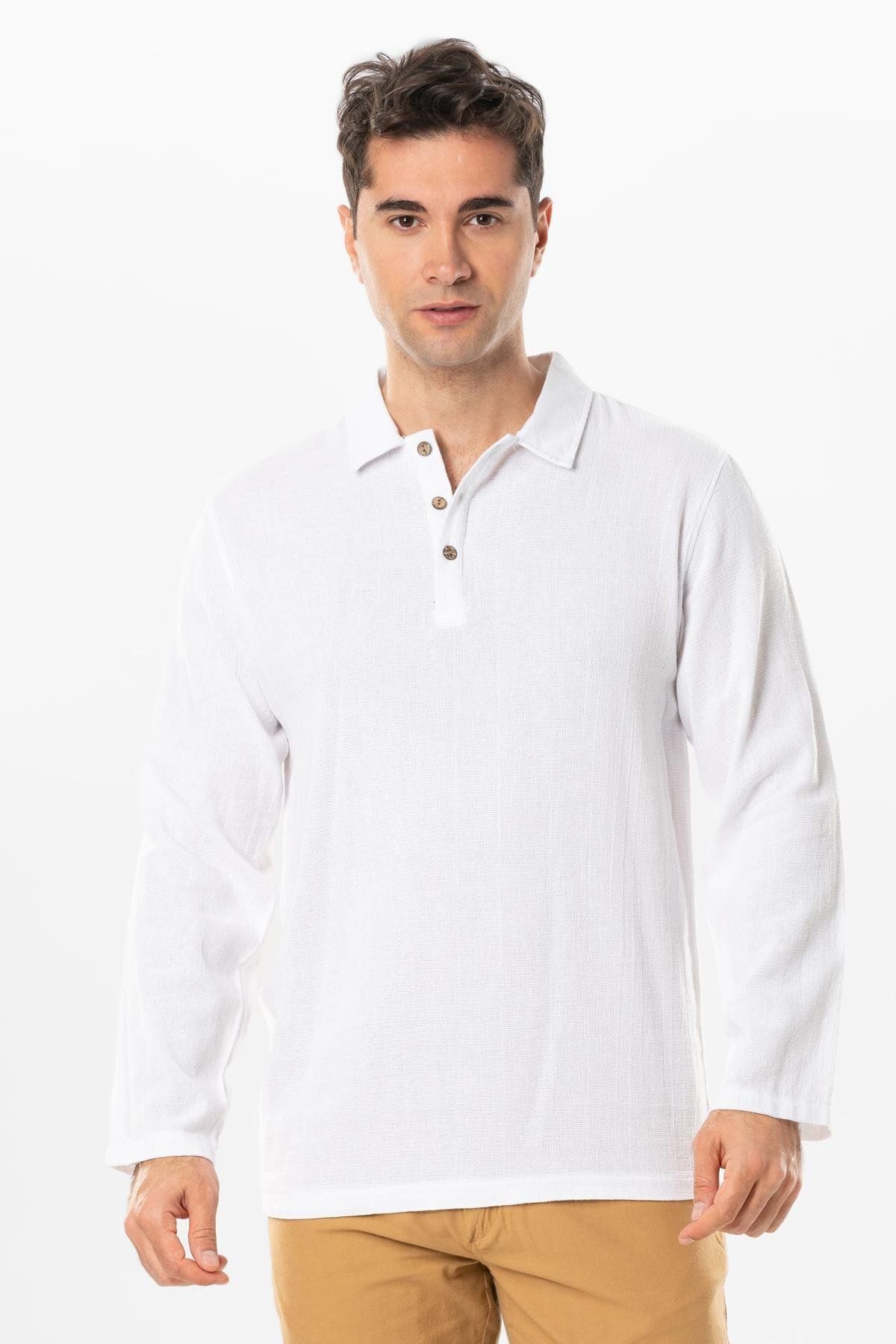 Eliş Şile Bezi Uzun Kol Foça Violet Erkek Yazlık Tshirt Beyaz Byz