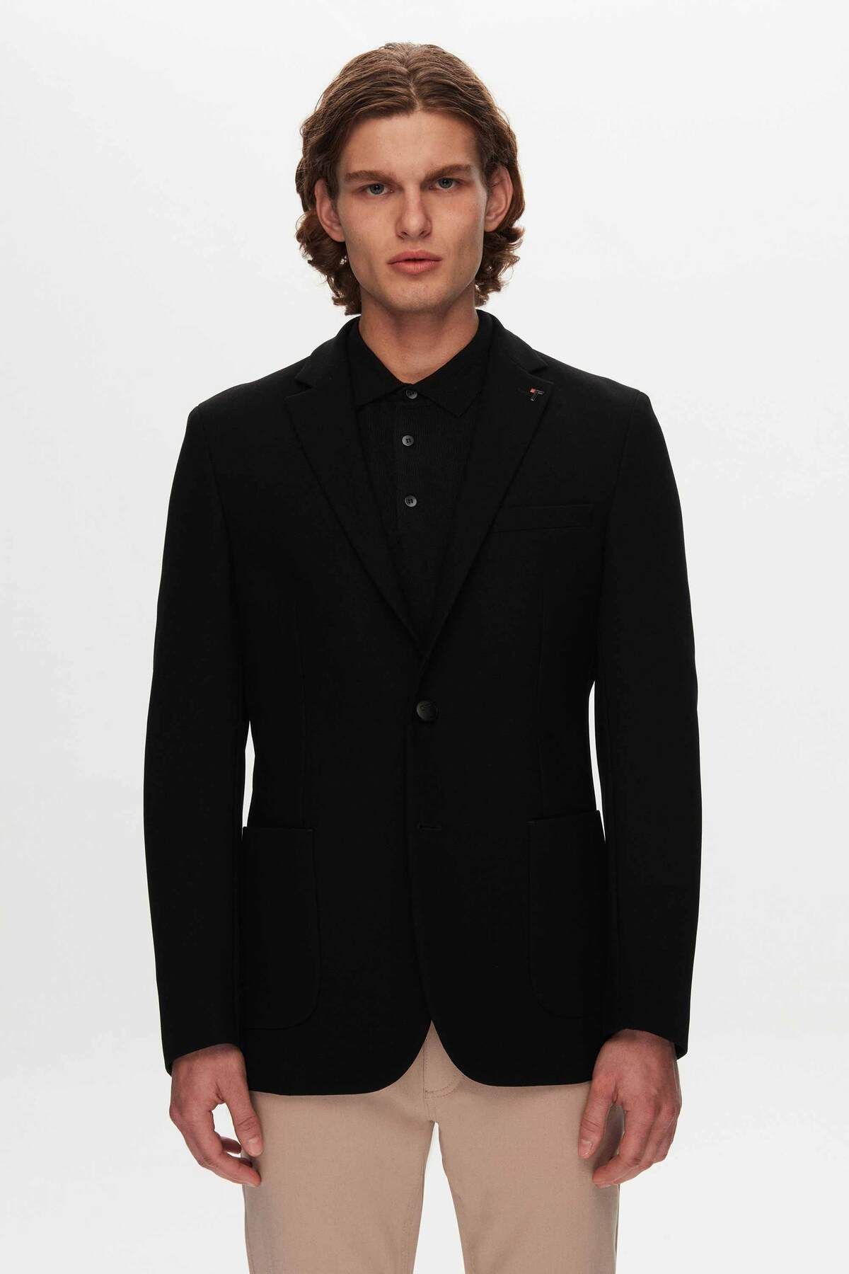 Tween Slim Fit Siyah Dokulu Viskon Karışımlı Kumaş Ceket