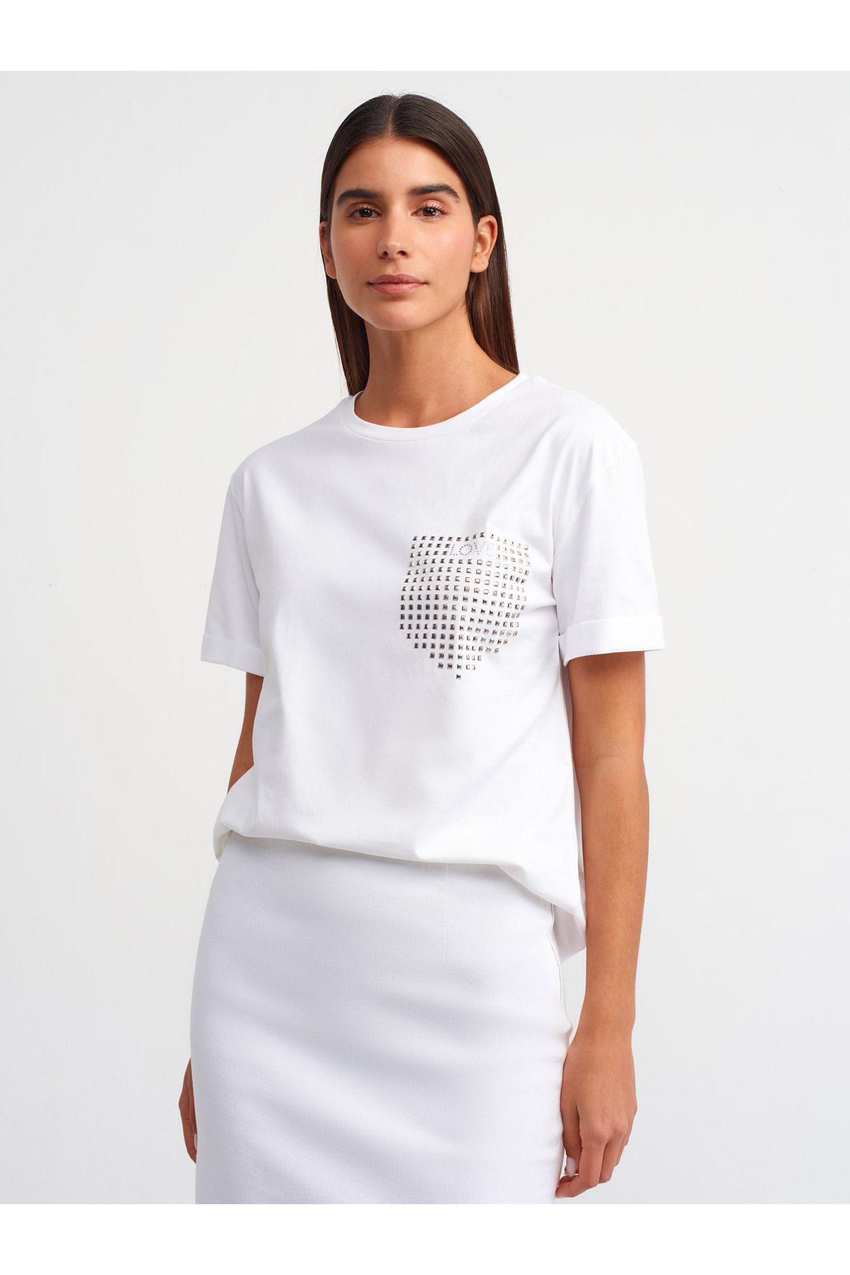 Dilvin 30828 Taşlı T-shirt-Beyaz