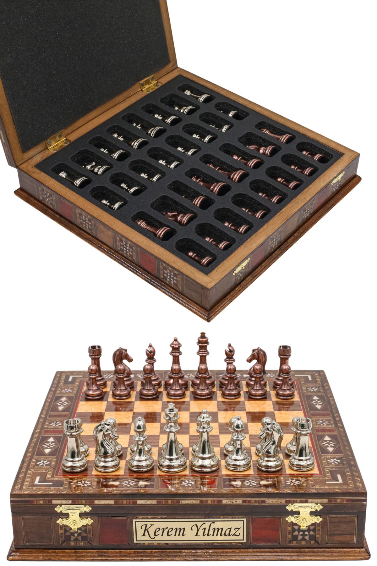 Cooper Chess Premium 30cm Masif Ahşap Ceviz Kutulu Metal Satranç Takımı Bronz Gümüş Staunton Klasik Satranç