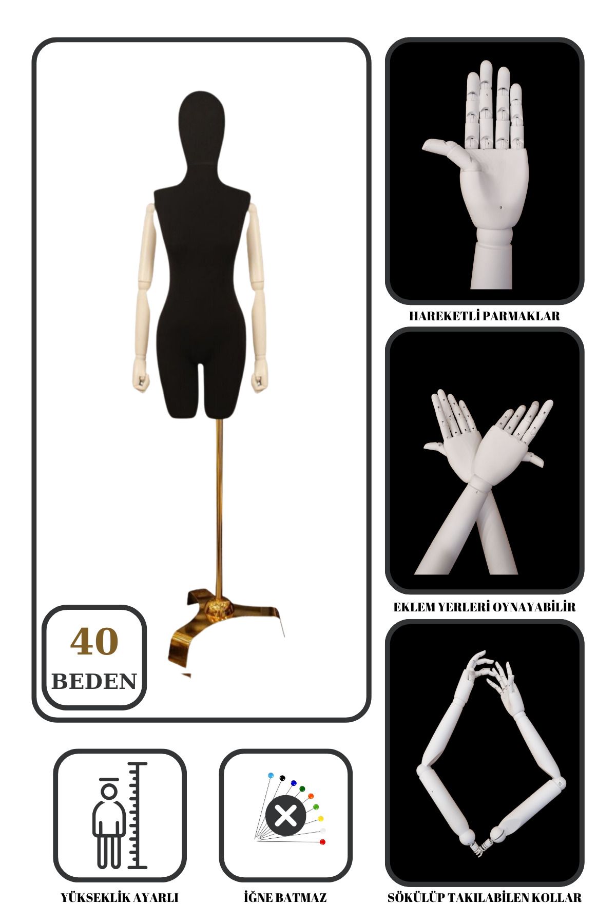Manken İstanbul 40 Beden Gold Ayaklı Pantolon Giyebilen Terzi Mankeni Vitrin Mankeni Prova Mankeni siyah