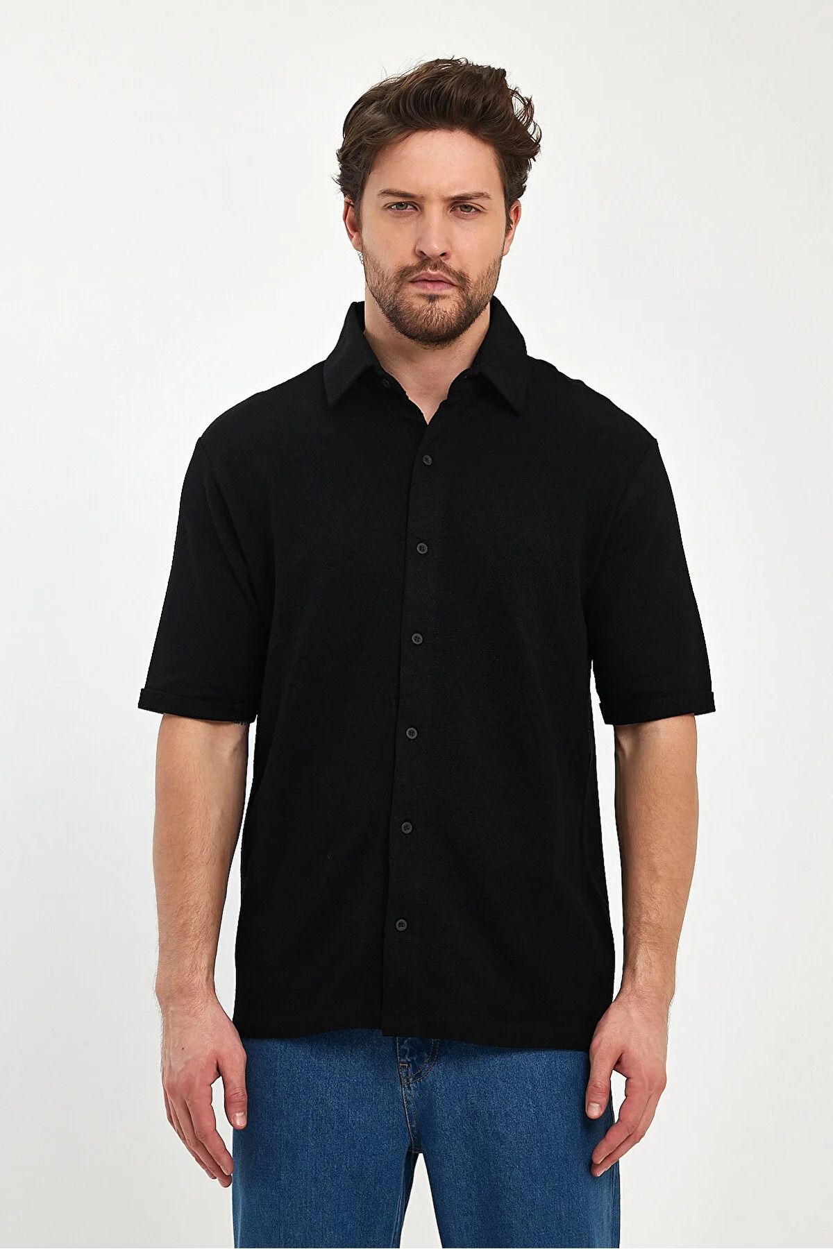 Rodi Jeans Erkek Siyah Önü Düğmeli Rahat Kalıp Pamuk Gömlek T-Shirt