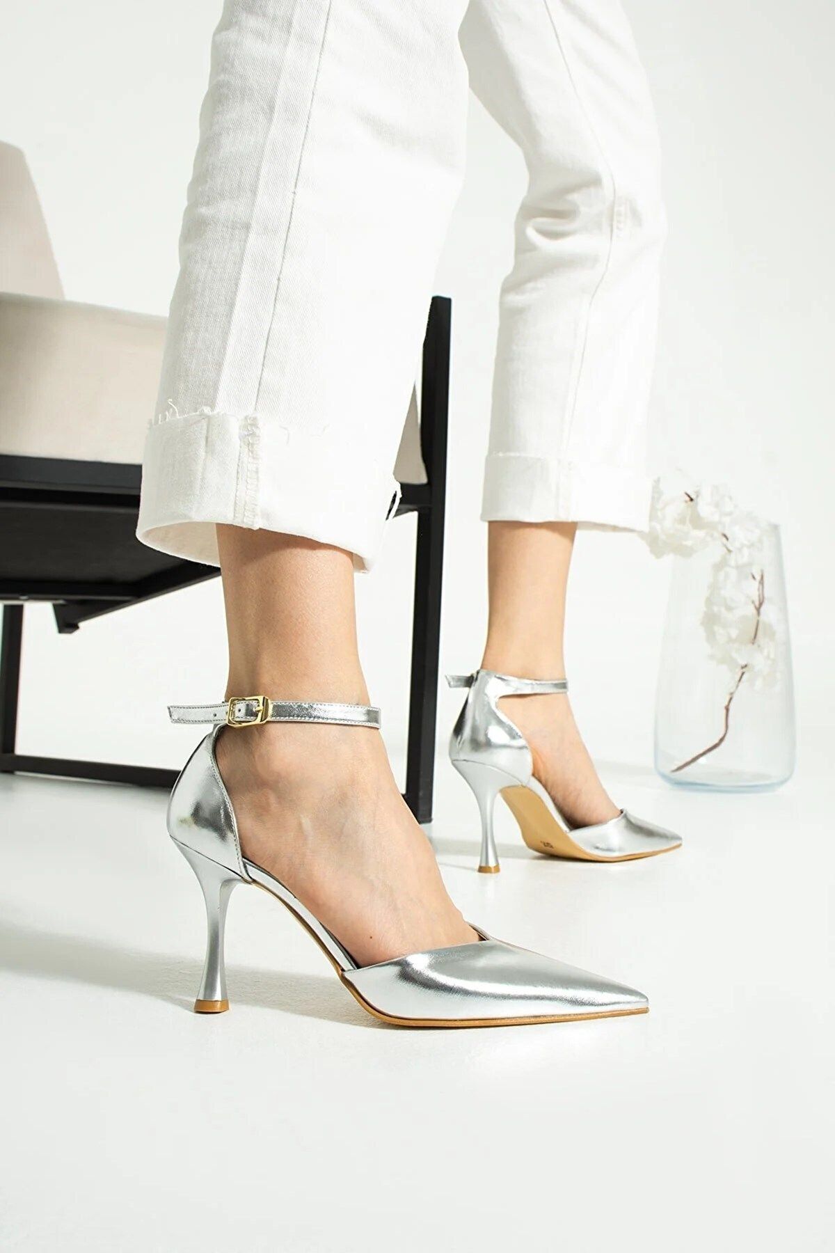 Seniorah Celandia Gümüş metalik Cilt Kadın Topuklu Ayakkabı
