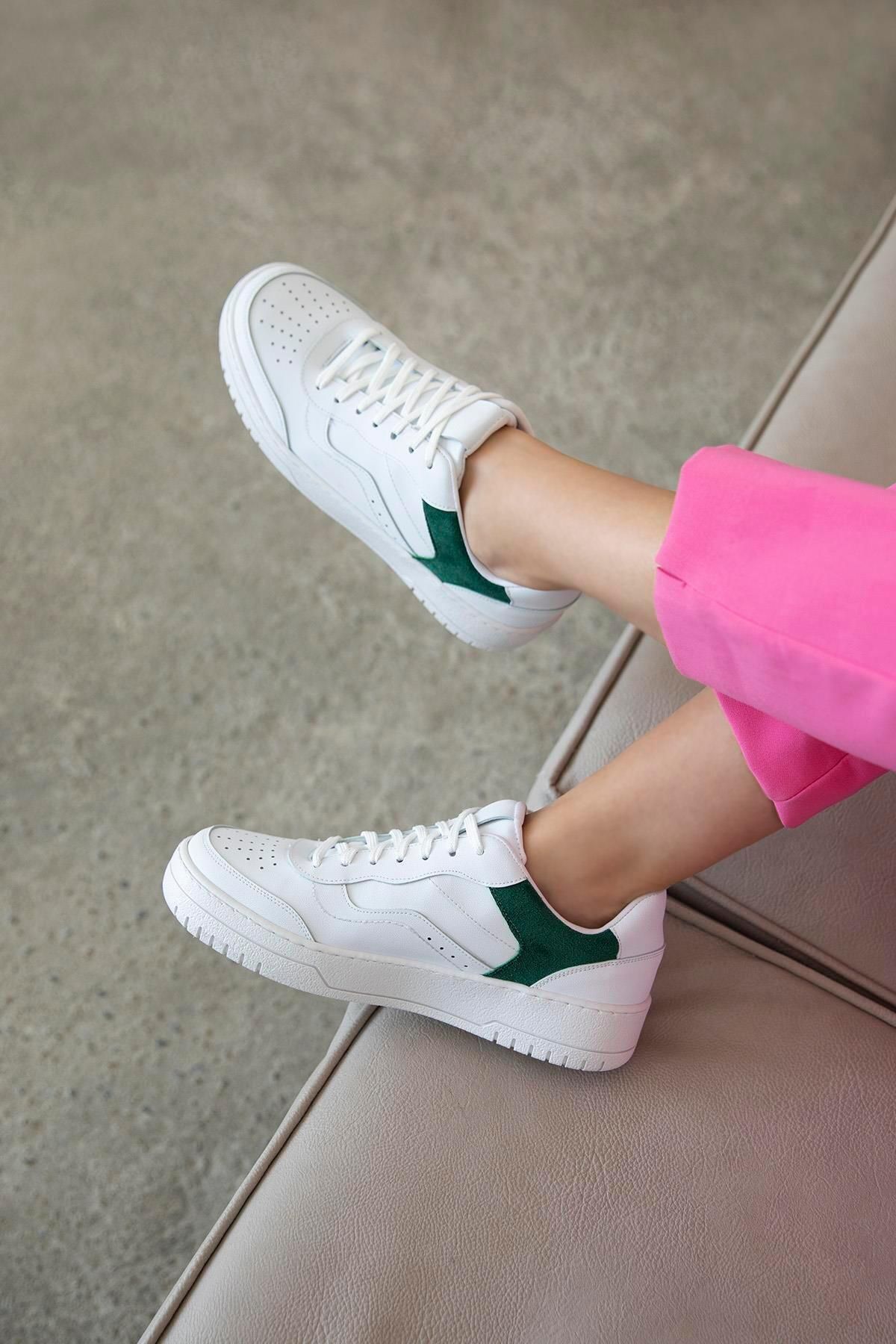 Straswans Wantt Kadın Deri Süet Spor Ayakkabı Beyaz-yeşil