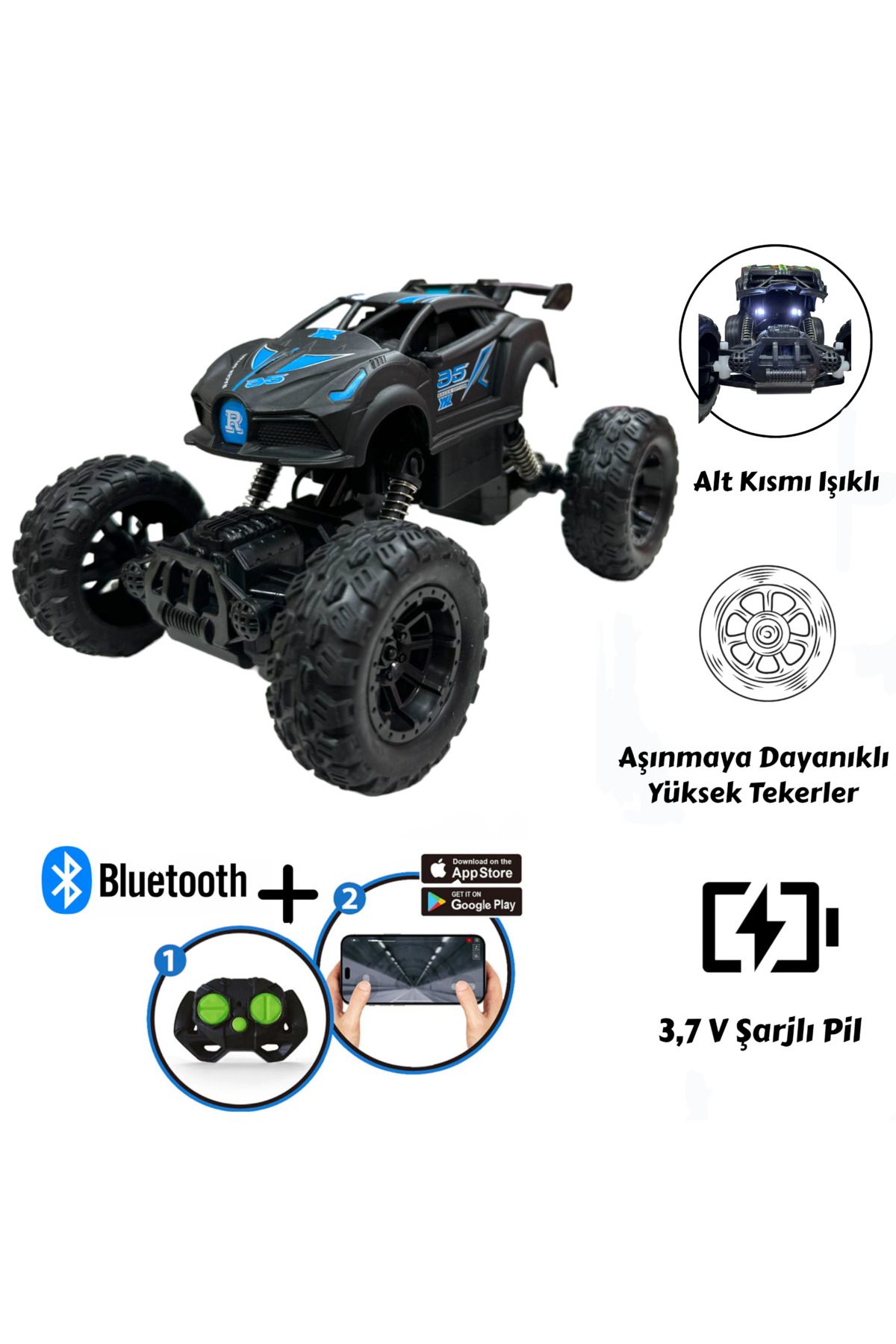 YILDIRIM OYUNCAK Uzaktan Kumandalı Bluetooth Telefon Kontrollü Jeep Araba Drift Şarjlı Rock Crawler 19 cm Off-Road