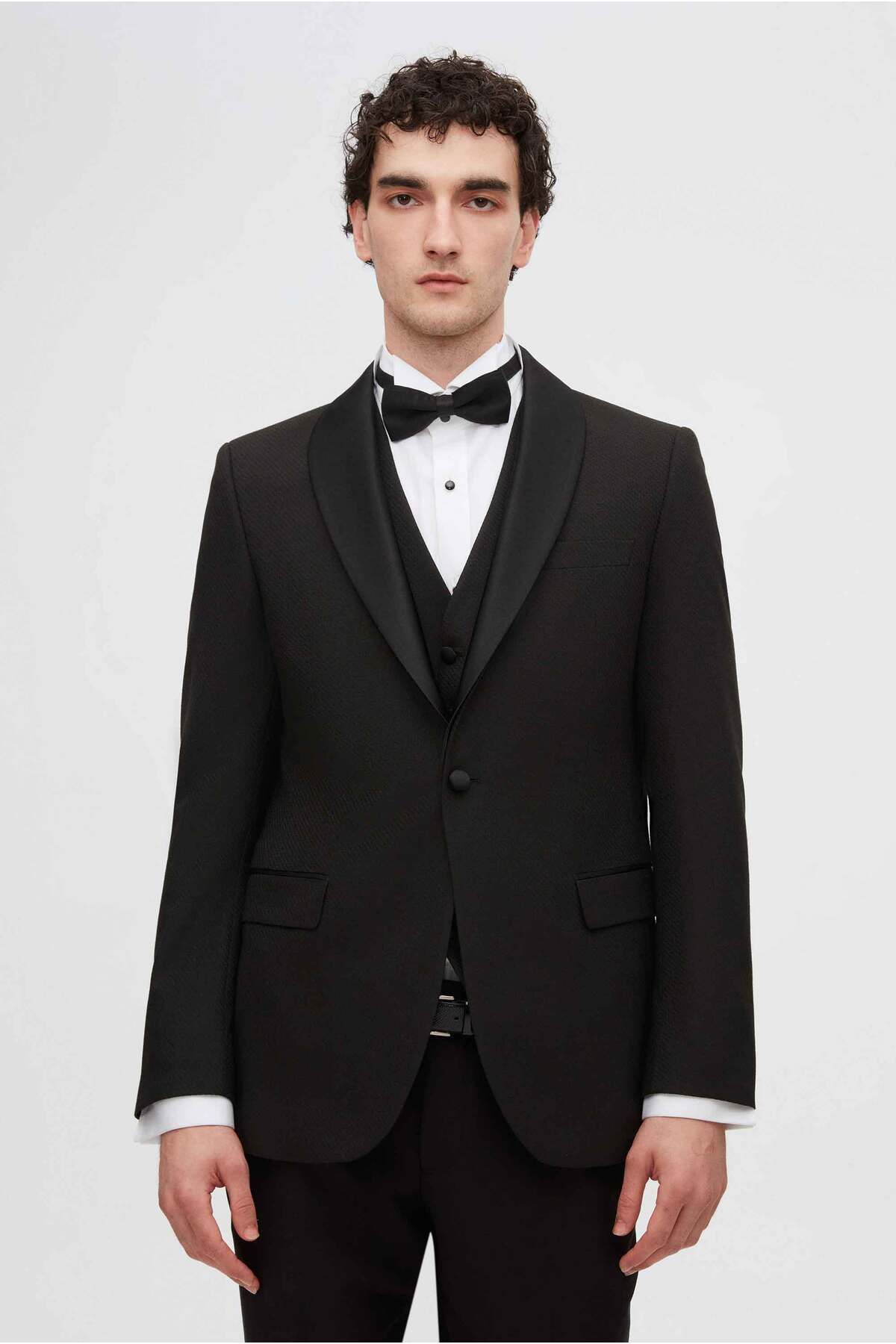 D'S Damat Slim Fit Siyah Armürlü Çıkma Yaka Damatlık & Smokin Yelekli Takim Elbise