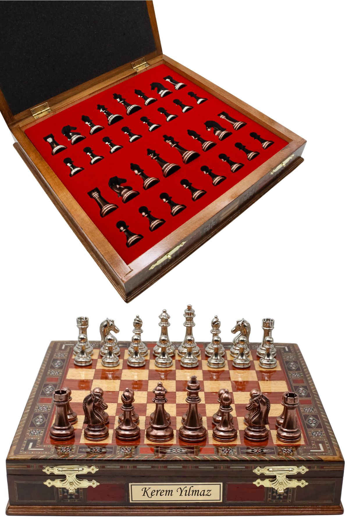 Cooper Chess Premium 36cm Büyük Masif Ahşap Ceviz Kutulu Metal Satranç Takımı Bronz Gümüş Staunton Klasik Satranç