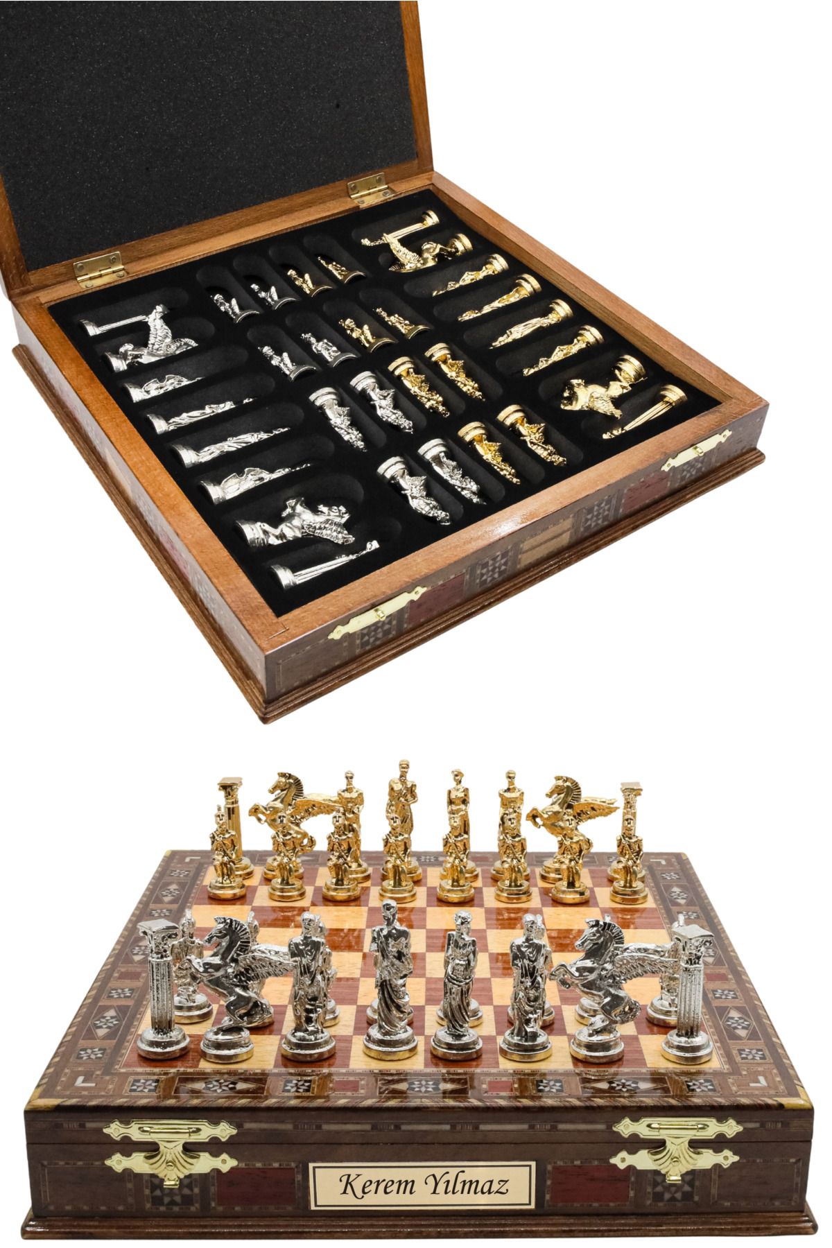 Cooper Chess Premium Büyük 36cm Masif Ahşap Kutulu Metal Satranç Takımı Altın Yunan Mitolojik Pegasus Satranç Set