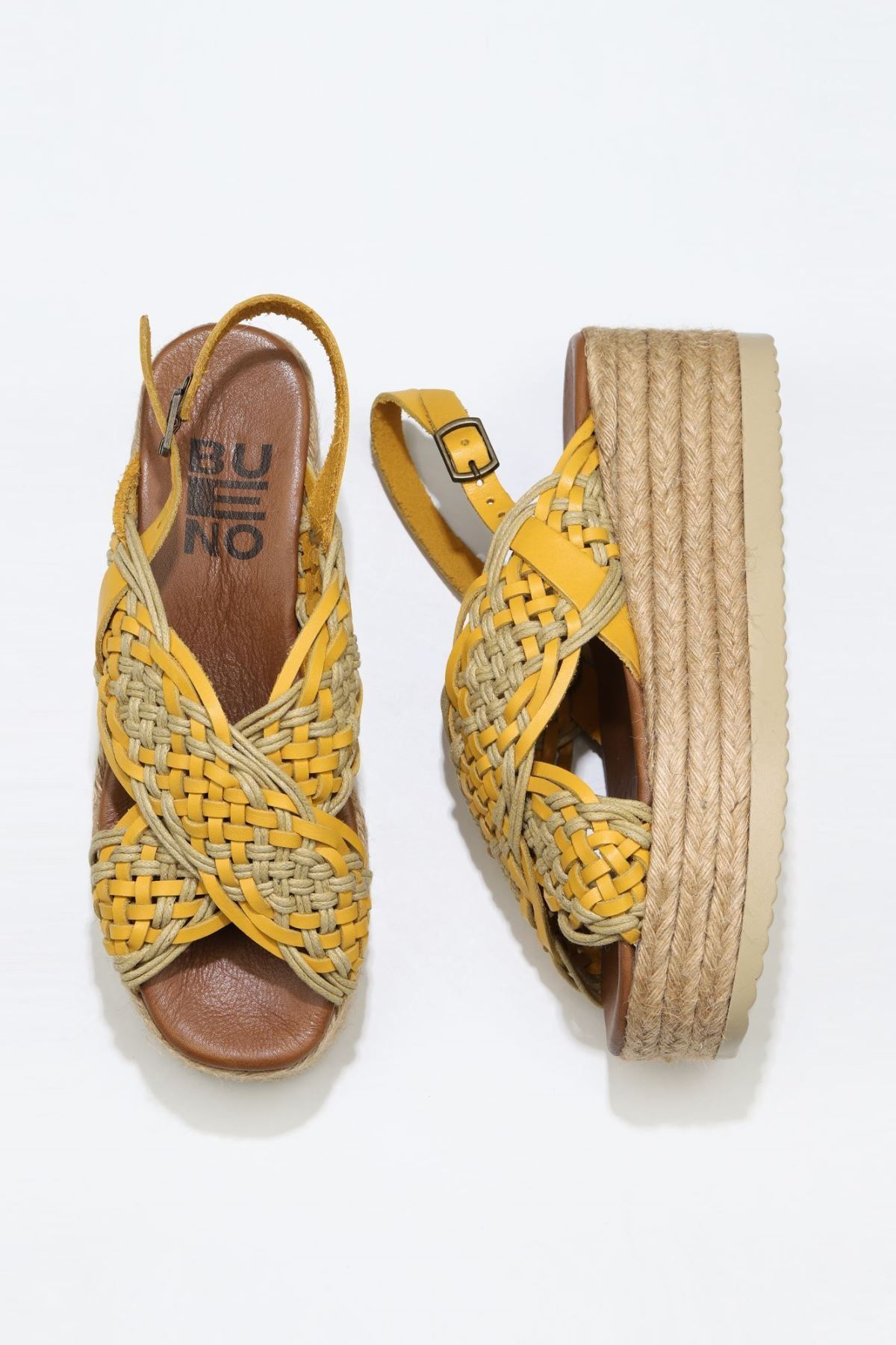Bueno Shoes Sarı Deri Kadın Dolgu Topuklu Espadril Sandalet