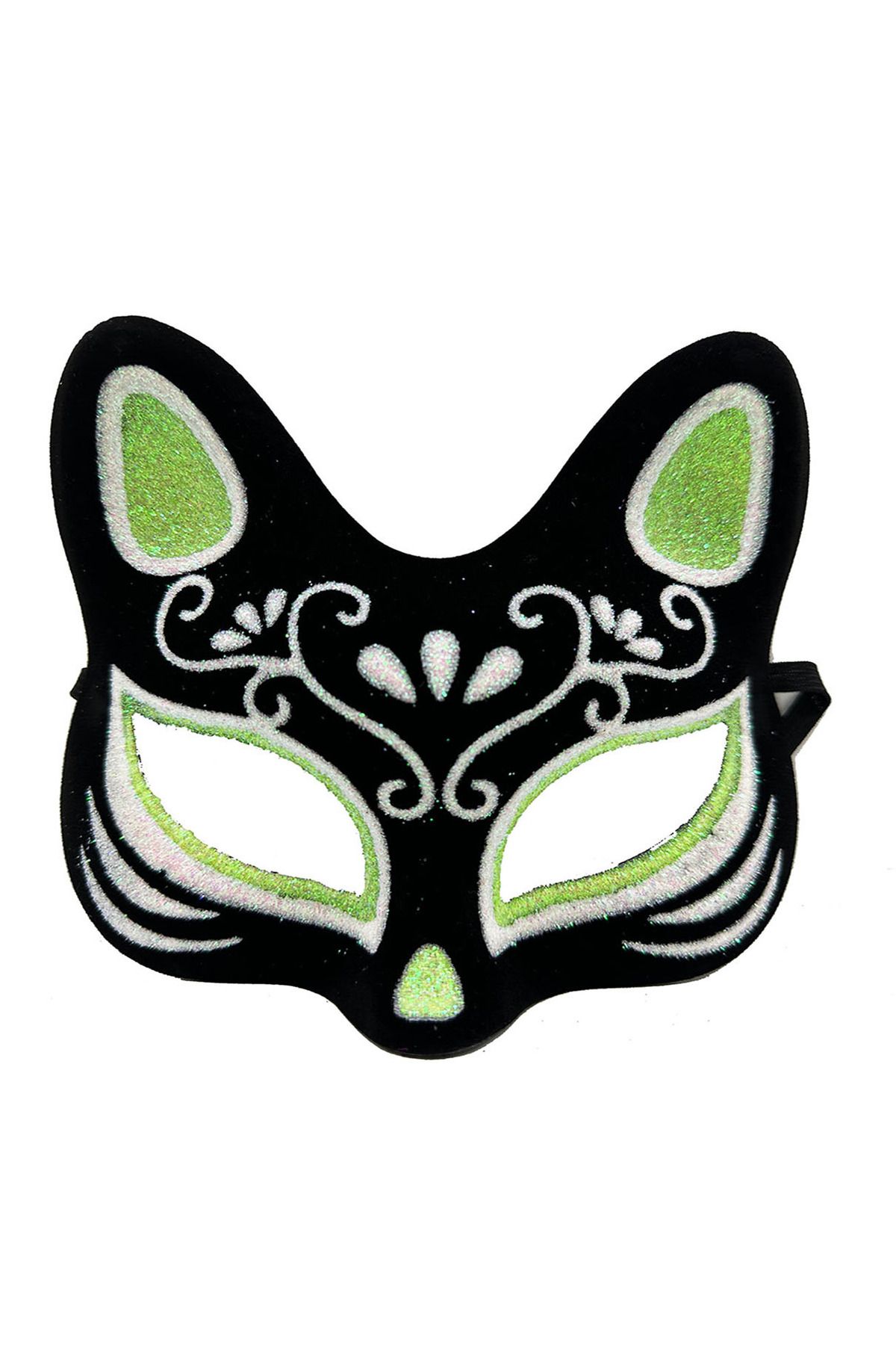 Genel Markalar Siyah Renk Süet Kaplama Üzeri Gümüş Yeşil Simli Kedi Maskesi 17x14 Cm