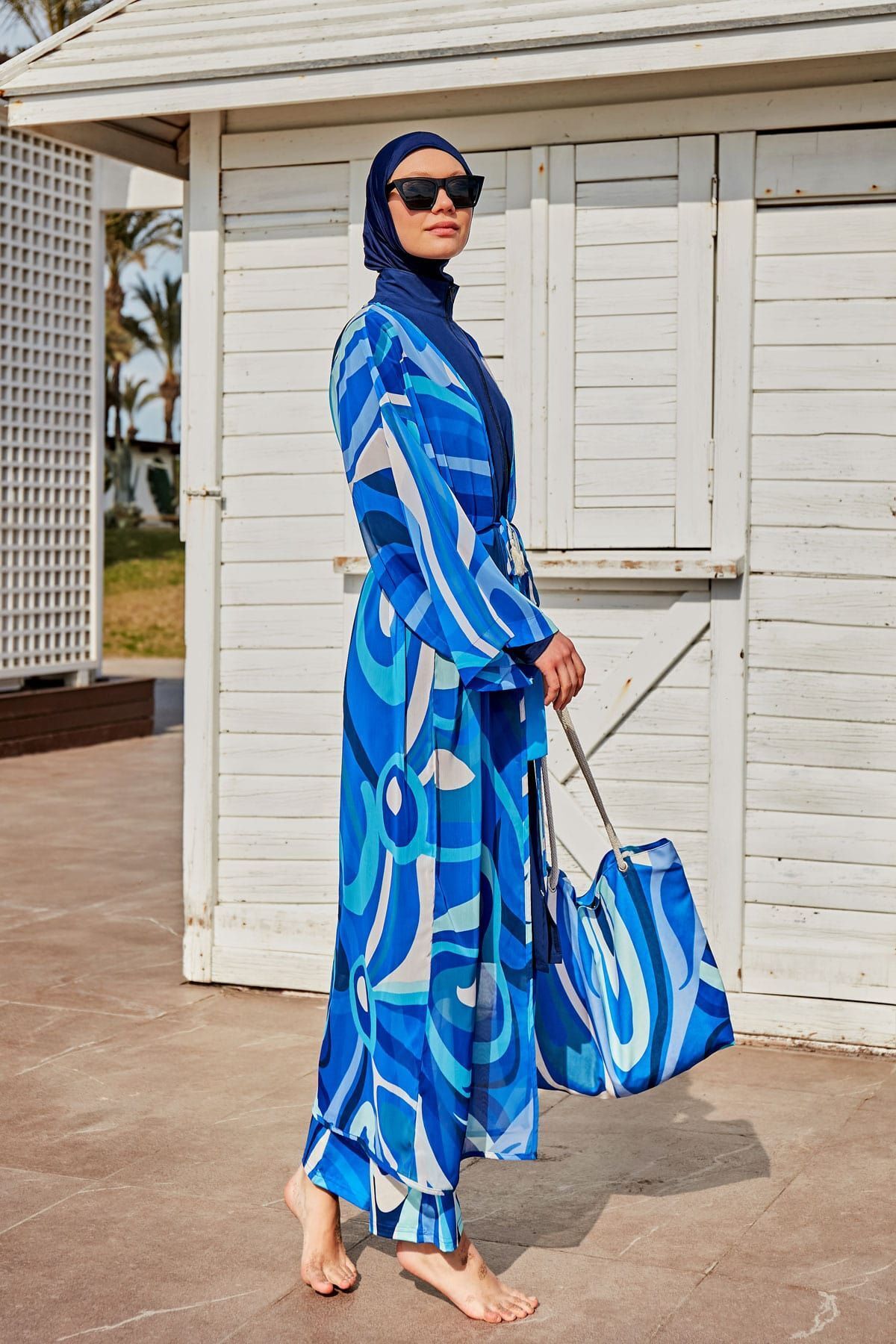 Marina Desenli Mavi Kimono Kaftan P2403