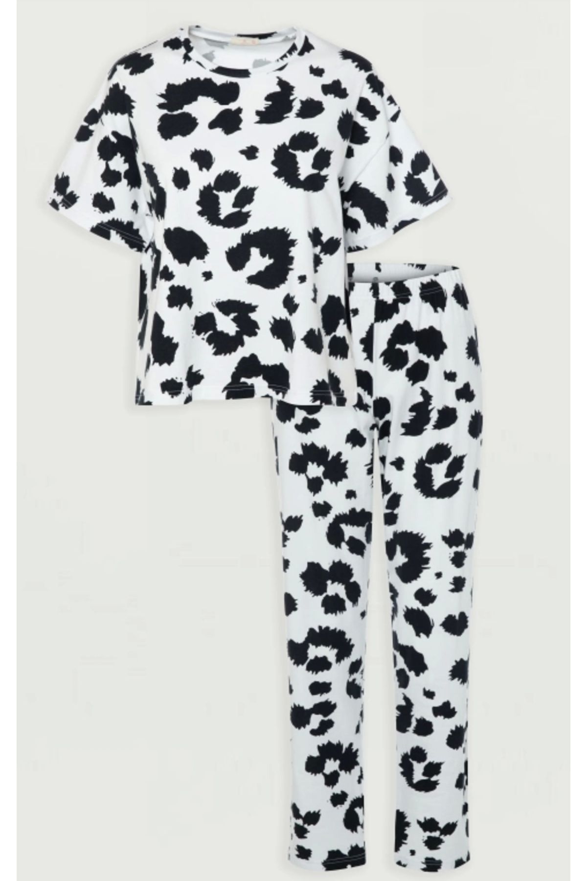 Koza Siyah Yaprak Desenli Kısa Kol Kadın Pijama Takımı - 72109