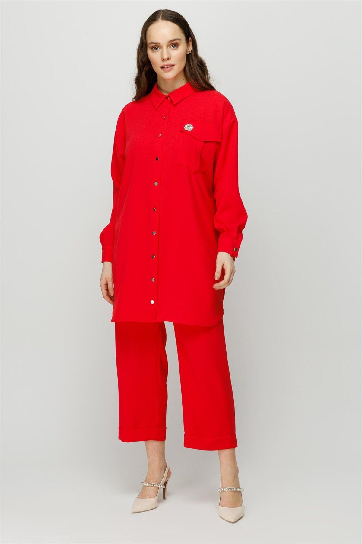 Esswaap Broş Detaylı Pantolon Tunik Takım Kırmızı