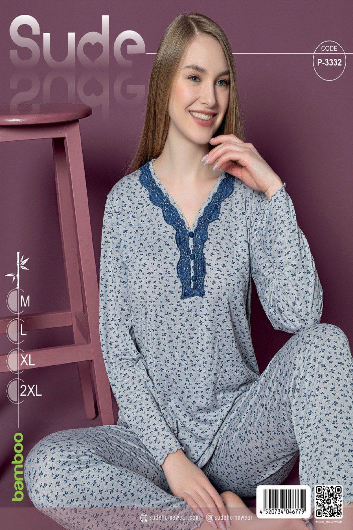 Sude Kadın Mavi V Yaka 3 Düğmeli Uzun Kollu Mevsimlik Bambu Pijama Takımı