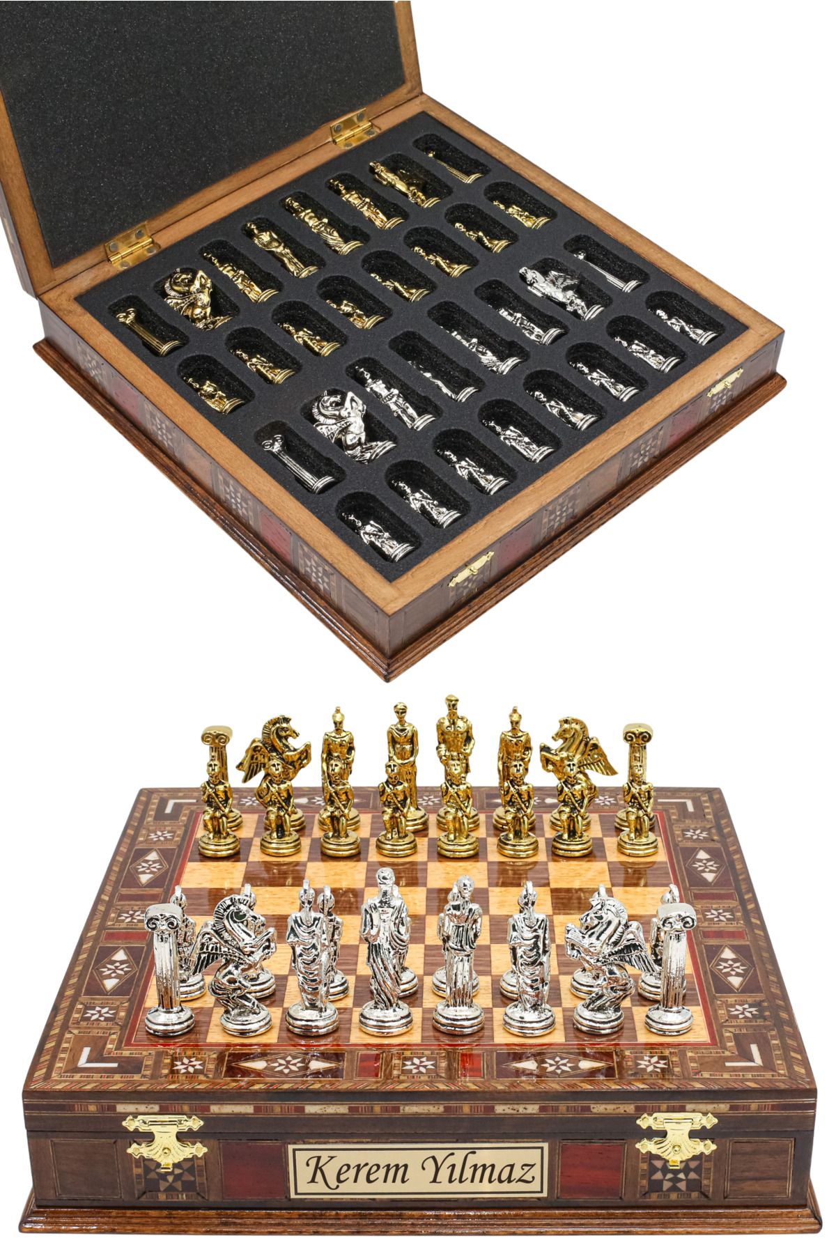 Cooper Chess Premium 30cm Masif Ahşap Ceviz Kutulu Metal Satranç Takımı Yunan Mitolojik Pegasus Satranç
