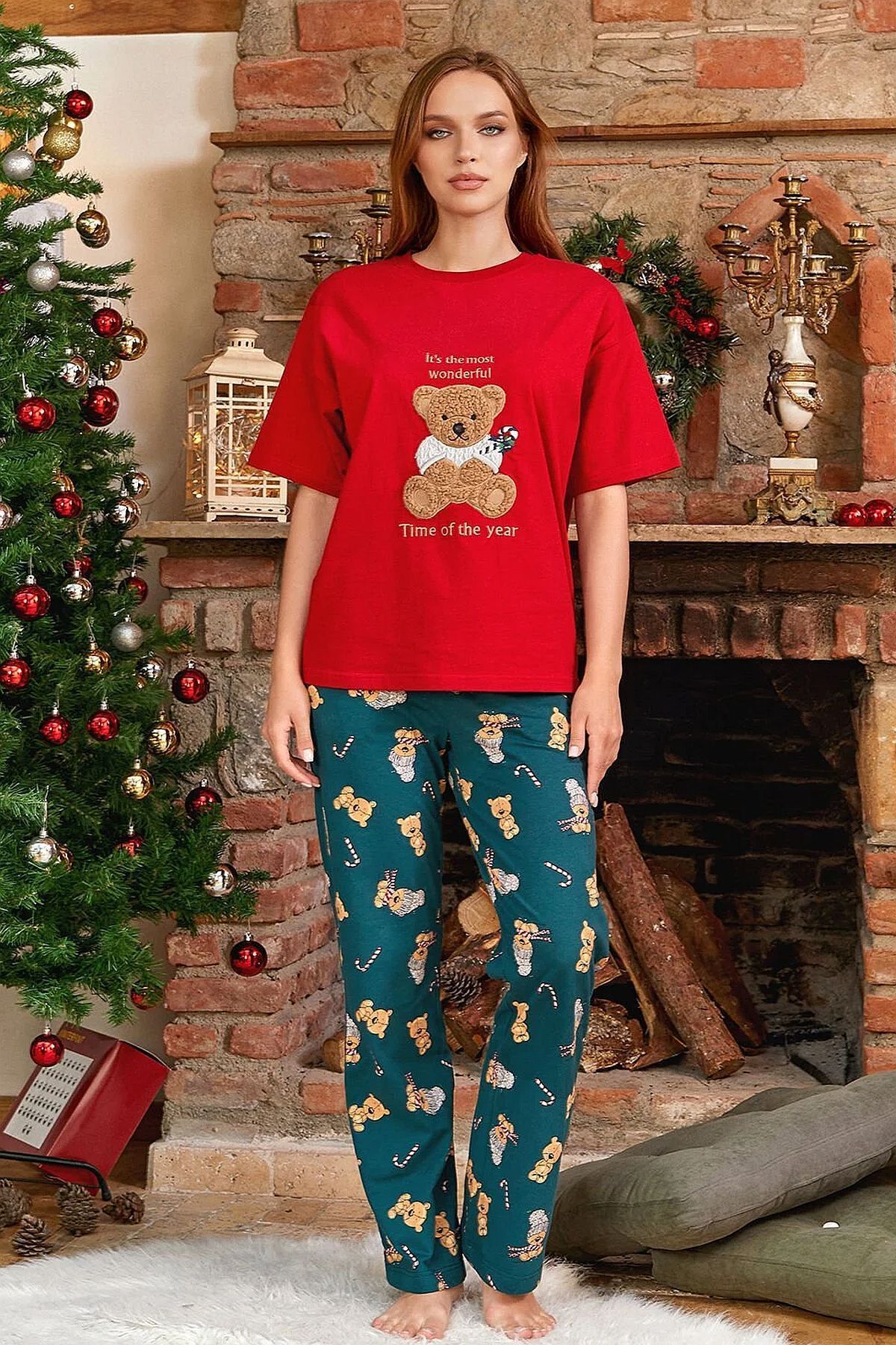 Cossy By Aqua 24045 Kadın Kısa Kollu Yeni Yıl Temalı Pijama Takımı-kırmızı