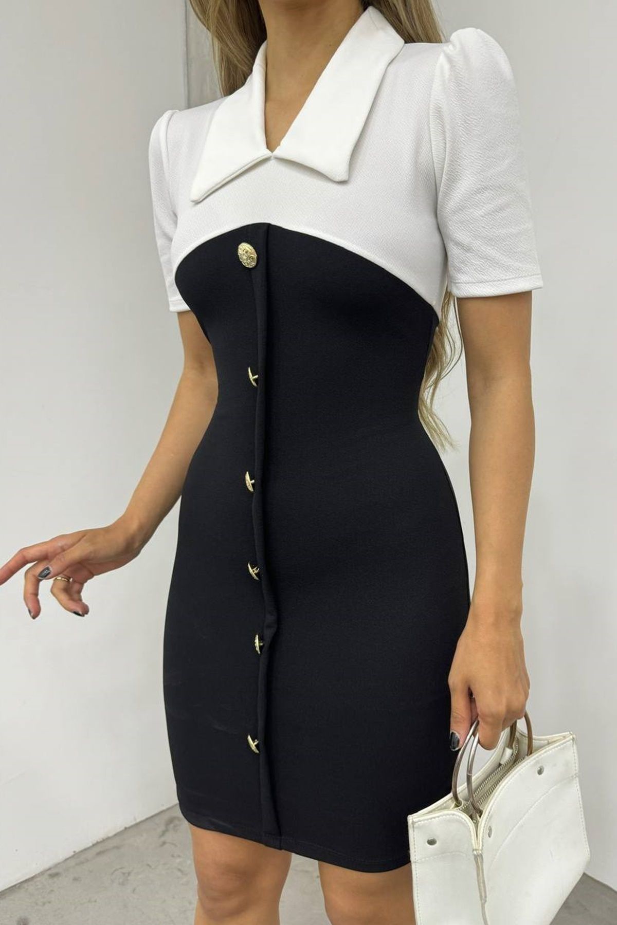 WOMAN VISION Kadın Siyah Krep Kumaş Polo Yaka Düğmeli Tasarım Kısa Kollu Mini Elbise 12397