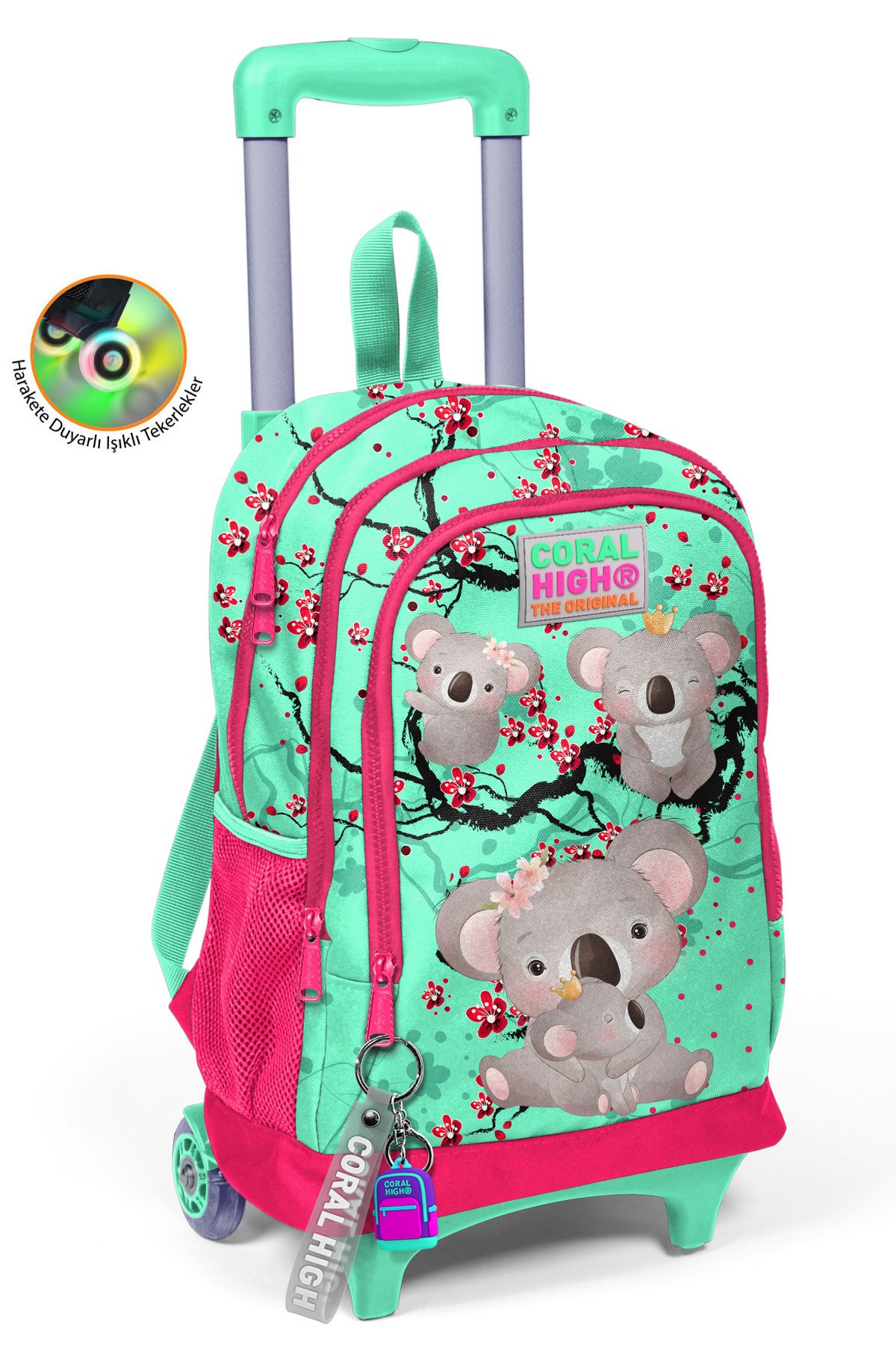Coral High Kids Su Yeşili Neon Mercan Koala Desenli Üç Bölmeli Çekçekli Okul Sırt Çantası 23913