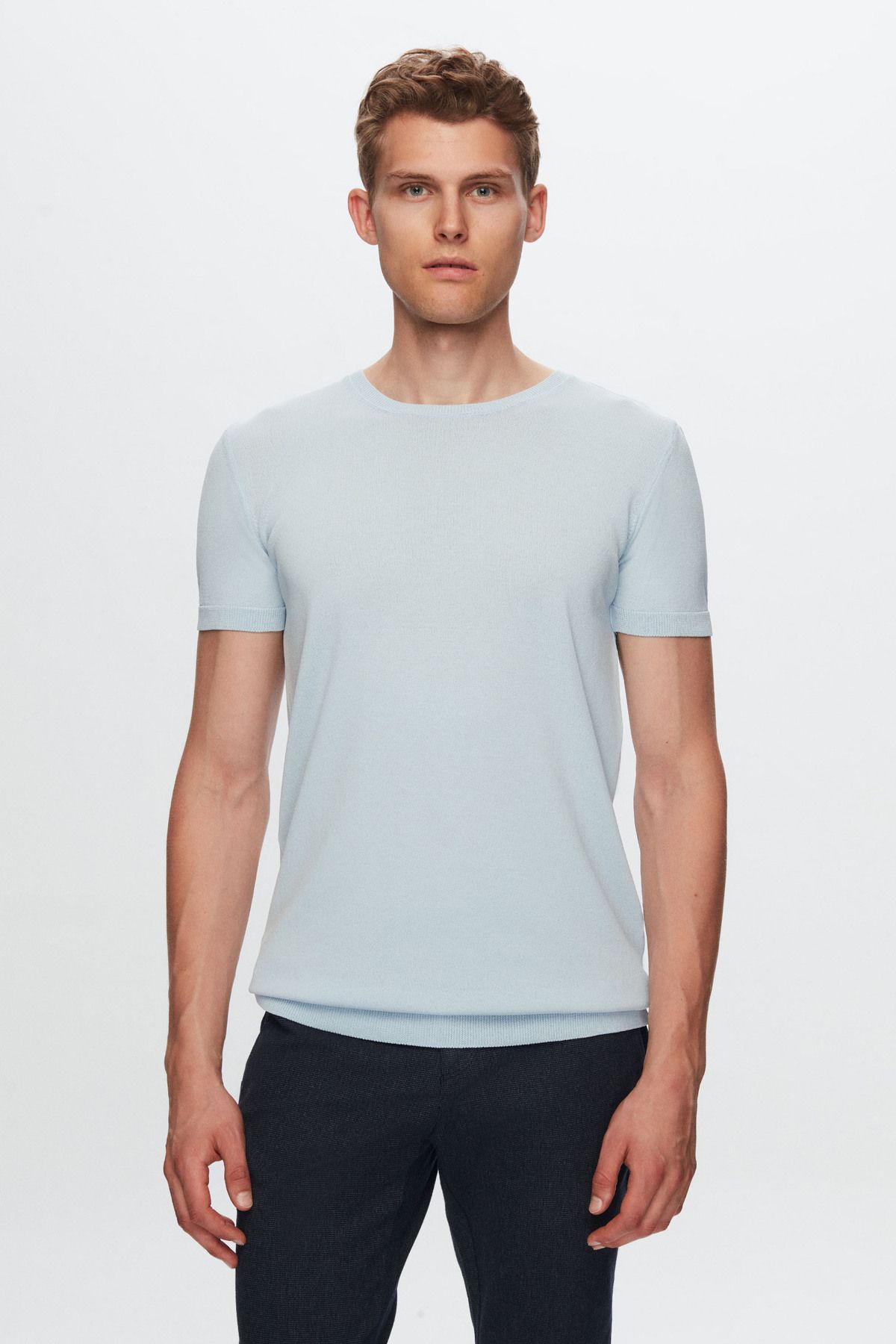 TWN Slim Fit Mavi Düz Örgü Rayon Örme T-shirt