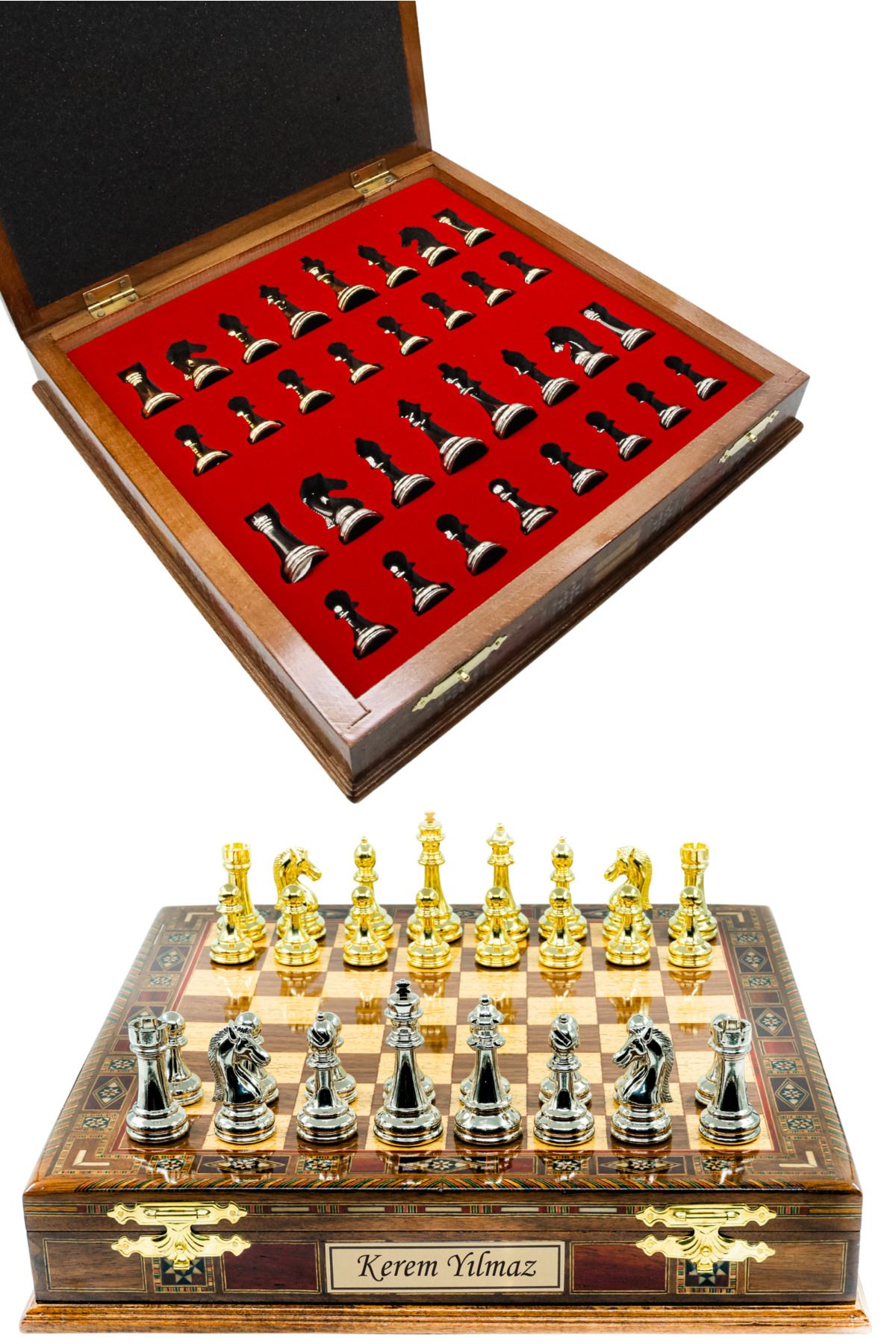 Cooper Chess Premium 36cm Büyük Masif Ahşap Ceviz Kutulu Metal Satranç Takımı Altın Gümüş Staunton Klasik Satranç