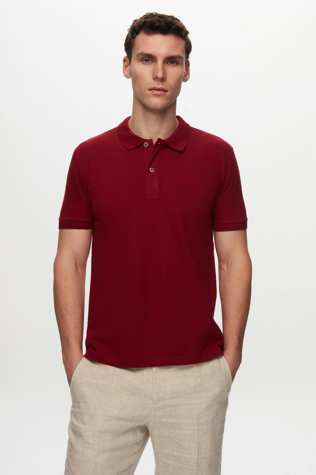 D'S Damat Regular Fit Bordo %100 Pamuk Polo Yaka Nakışlı T-shirt