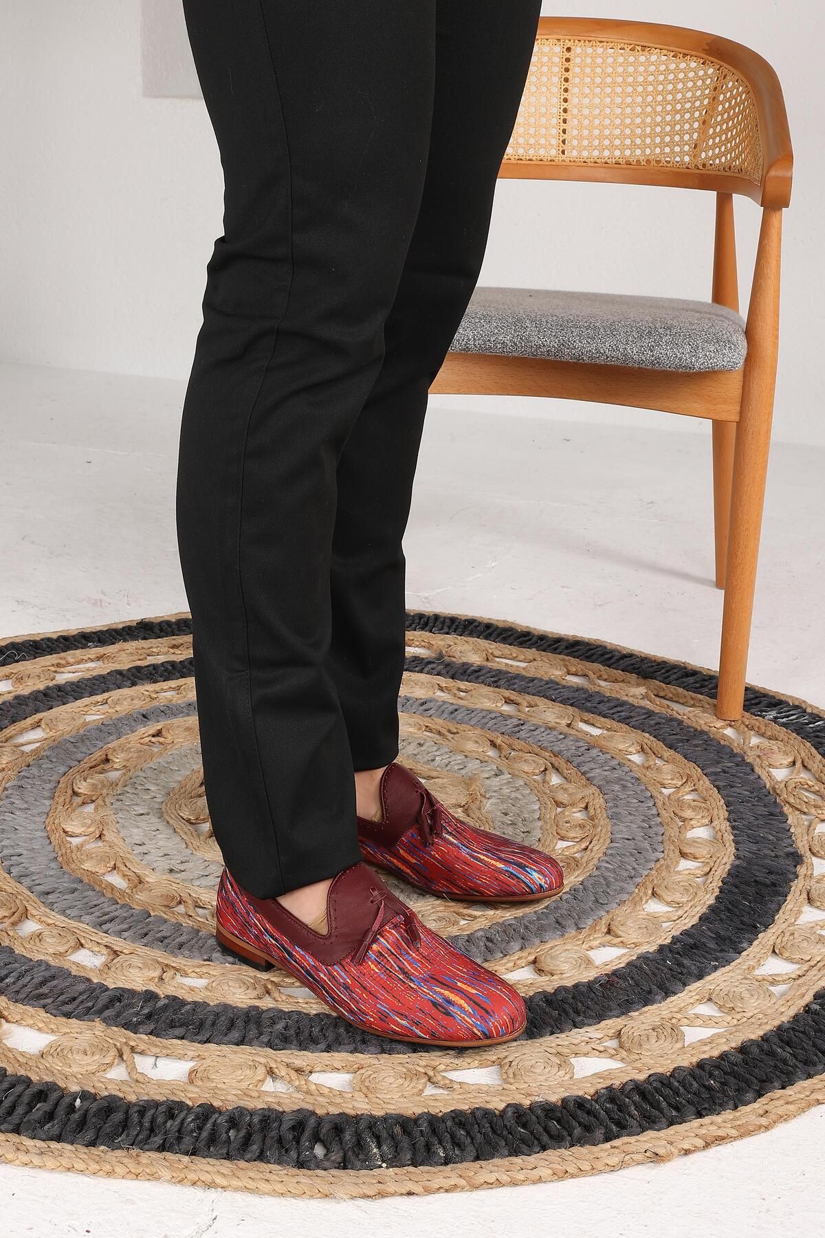 CassidoShoes Kırmızı Keten Bordo Deri Baskılı Kemer Hediyeli Erkek Keten Ayakkabı 022-3245