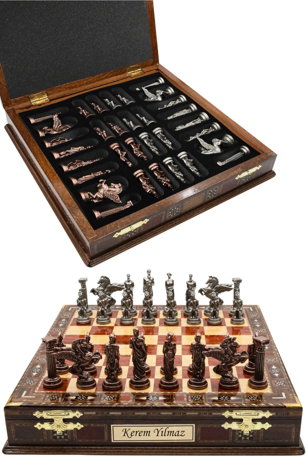 Cooper Chess Premium Büyük 36cm Masif Ahşap Kutulu Metal Satranç Takımı Bronz Yunan Mitolojik Pegasus Satranç Set