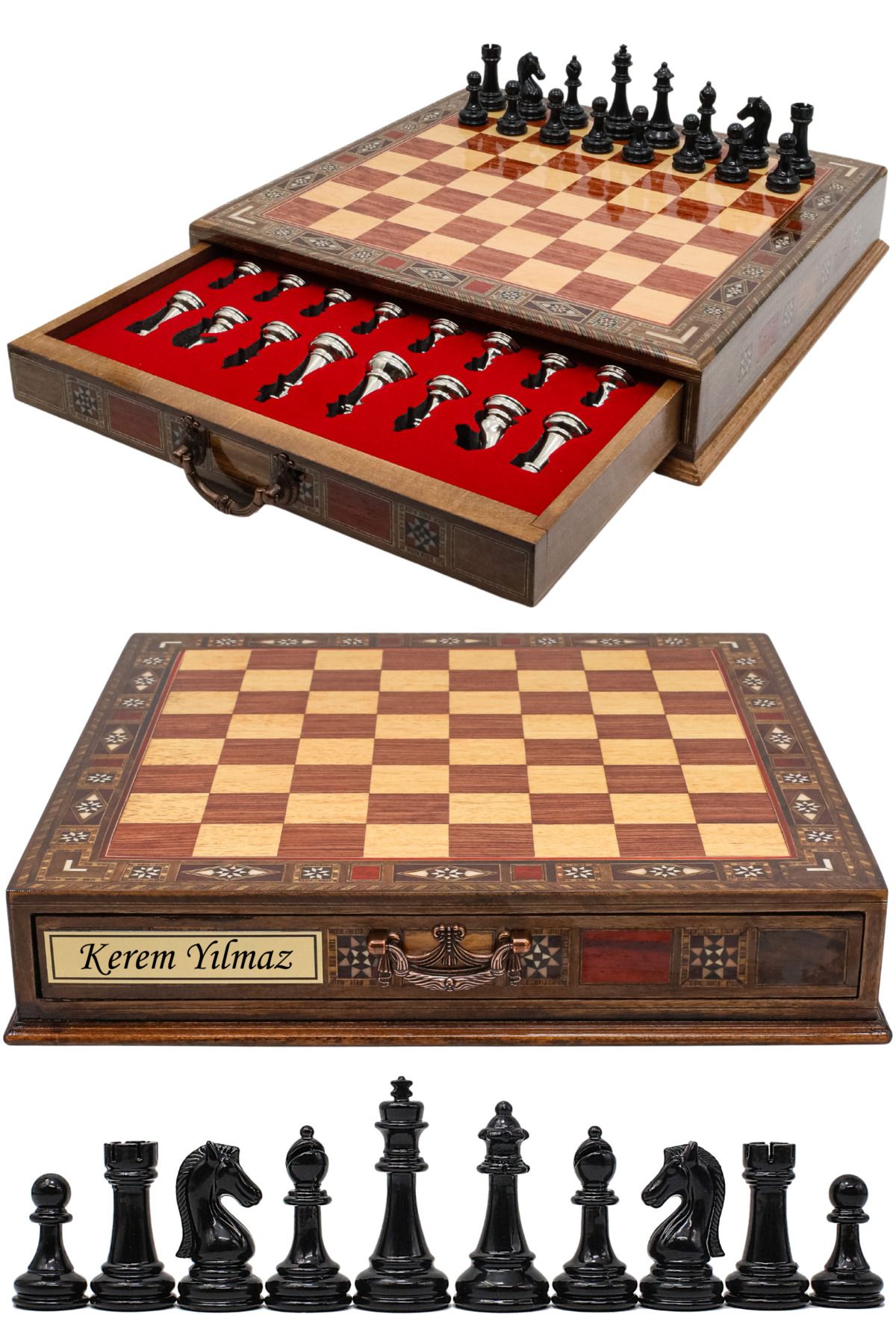 Cooper Chess Premium 38cm Büyük Çekmeceli Ahşap Kutulu Metal Satranç Takımı Gümüş Siyah Staunton Klasik Satranç