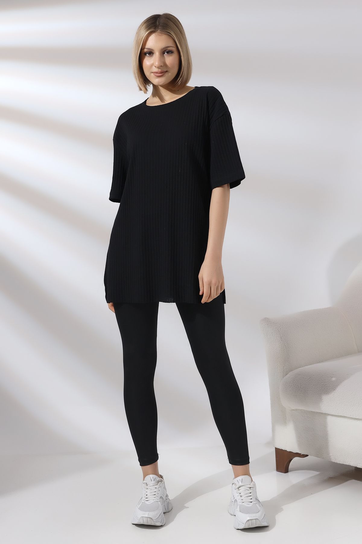 Endies Oversize Yırtmaçlı Raporlu Tunik T-shirt 21493 SİYAH