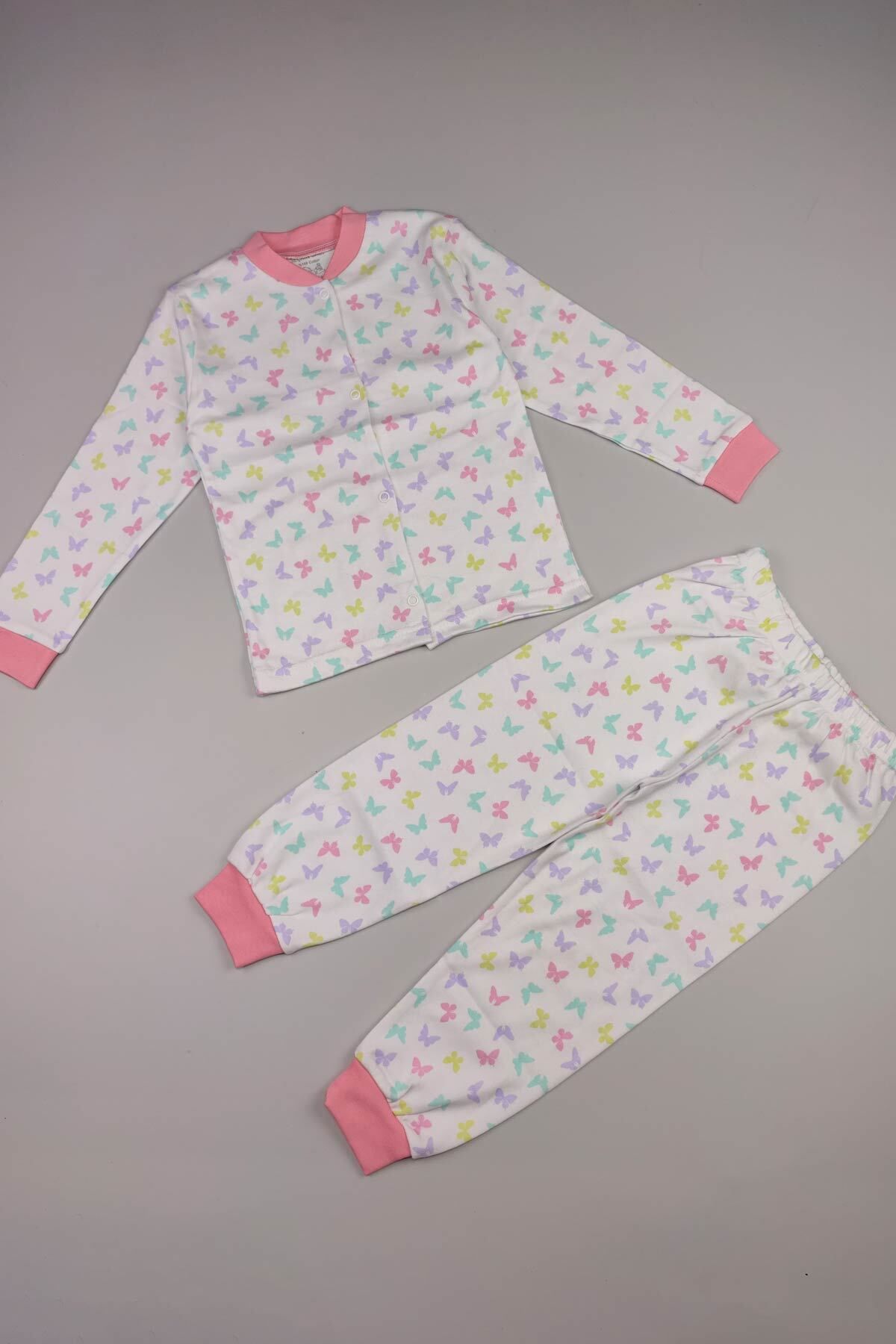 Peki Çocuk 5 Al 4 Öde Kiz Penye Ter Tutmayan Yumusak Pamuklu Kelebekli Önden Çitçitli Pijama Takimi 15011